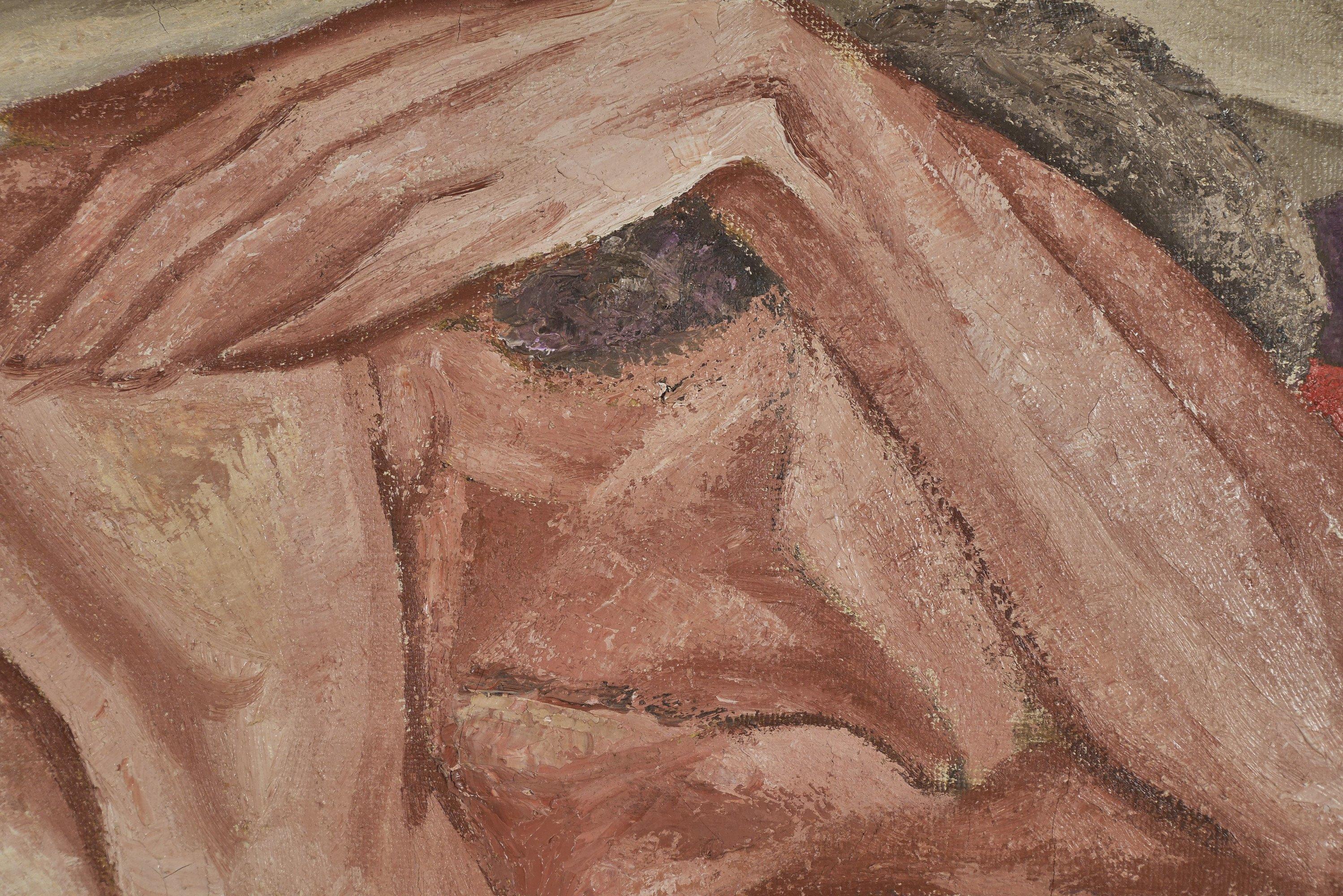 Cynthia Bissell (Americana, 1924-2000)
La fanciulla orso che cambia, 1962
Olio su tela
Firmato e datato in basso a destra
20 x 50 pollici
26 x 56 pollici, incorniciato

Cynthia Bissell è stata un'artista americana nata nel 1924 a New York City, che