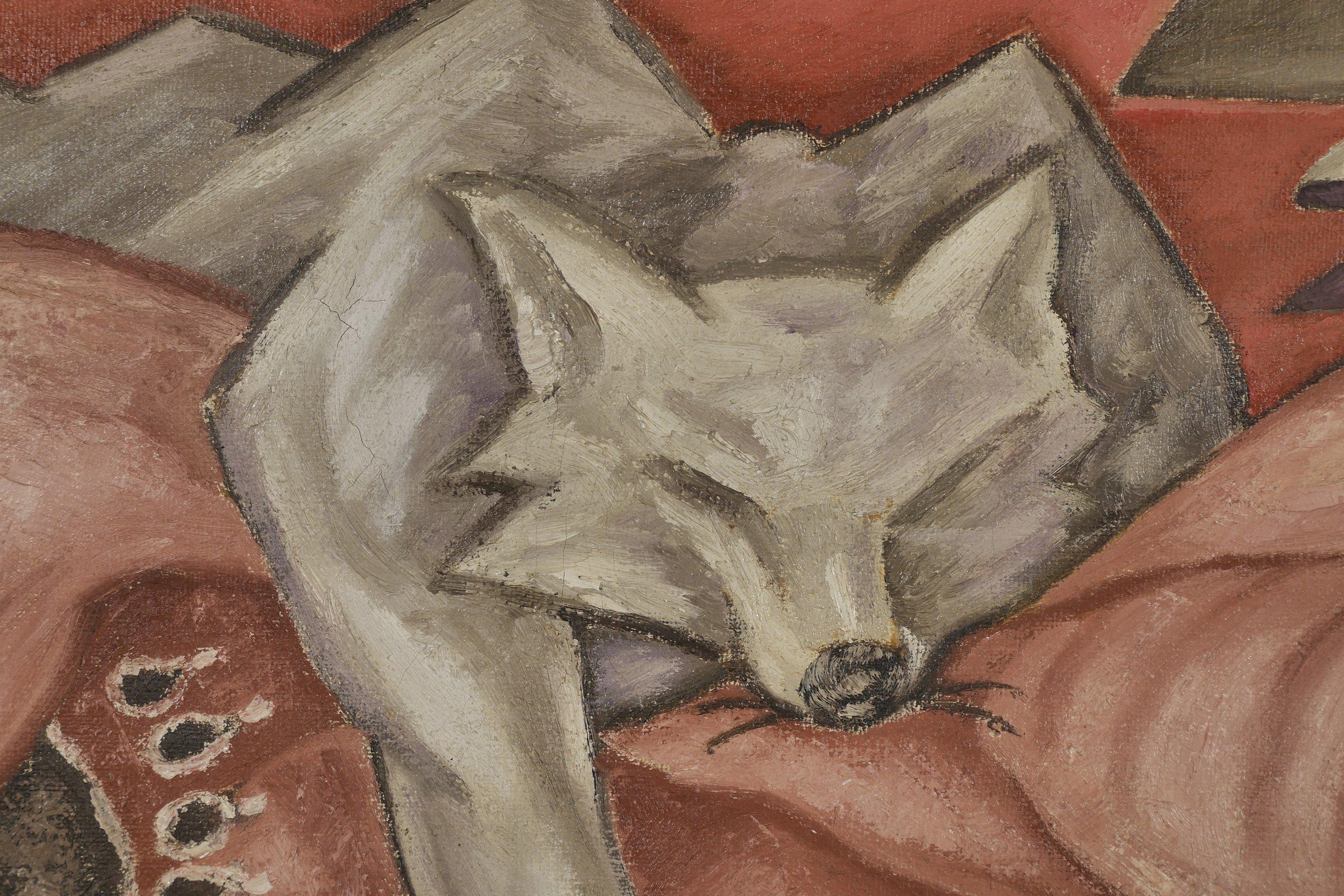 Quadro di grandi dimensioni, Fanciulla orso che cambia, Donna nuda che giace con il lupo, artista di Taos in vendita 1