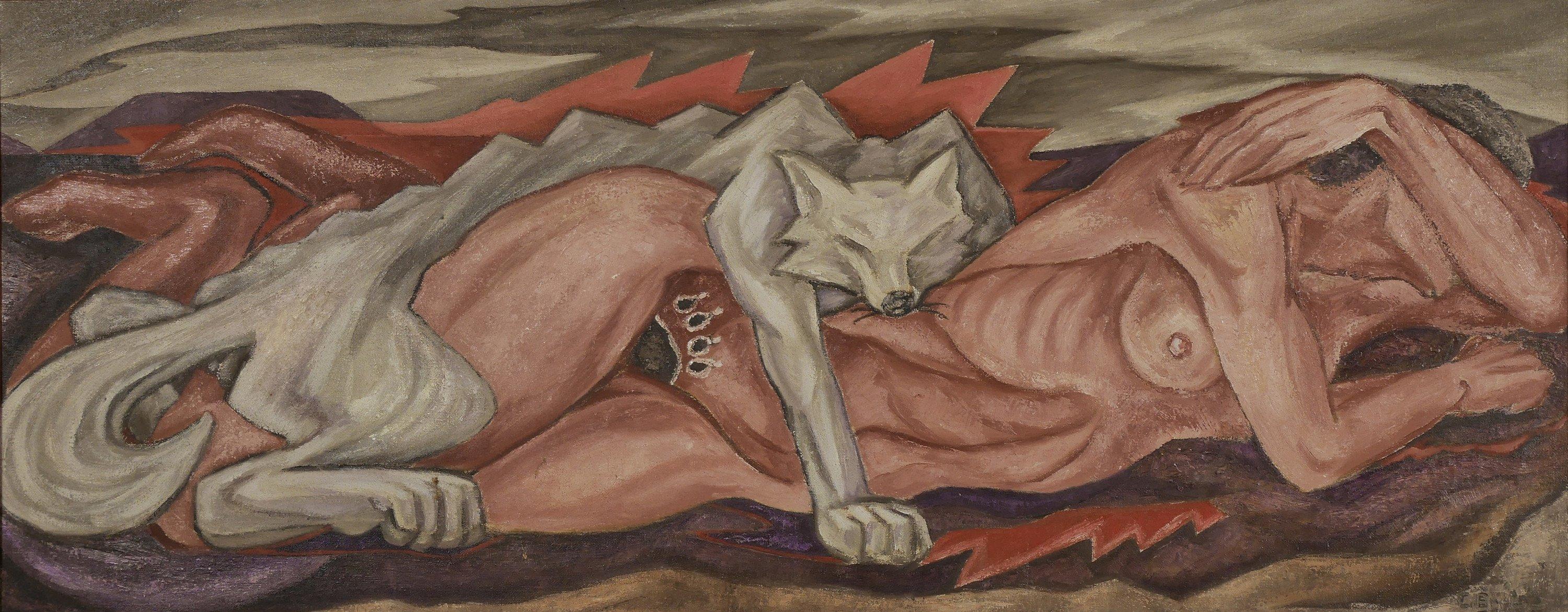 Nude Painting di Cynthia Bissell - Quadro di grandi dimensioni, Fanciulla orso che cambia, Donna nuda che giace con il lupo, artista di Taos