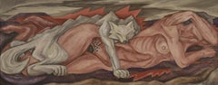 Large Painting, Changing Bear Maiden, Nude Woman Laying w/ Wolf, Taos Artist