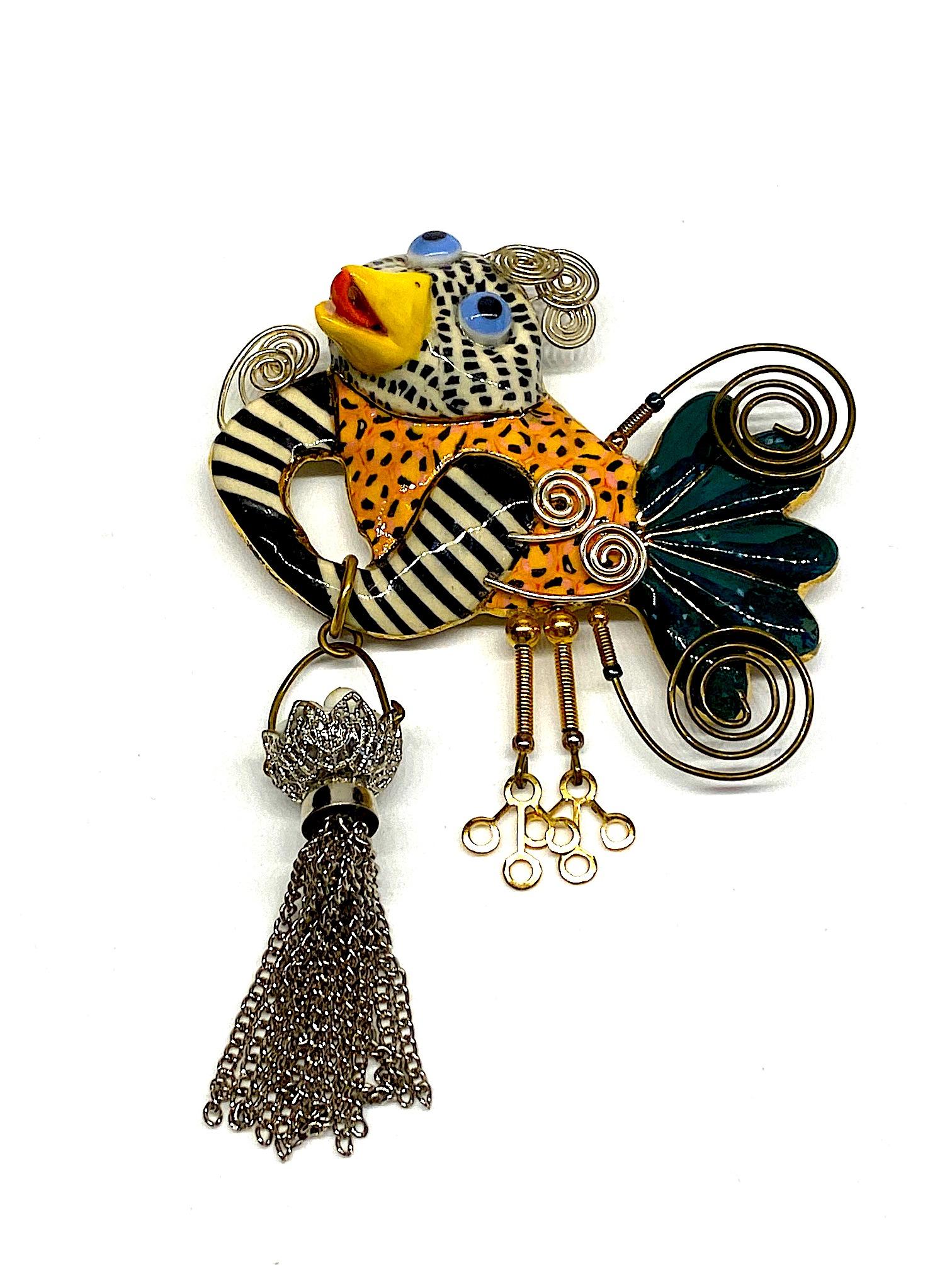 Cynthia Chuang, Jewelry 10, Porcelain & Glass Chicken with Basket Brooch In Good Condition In New York, NY