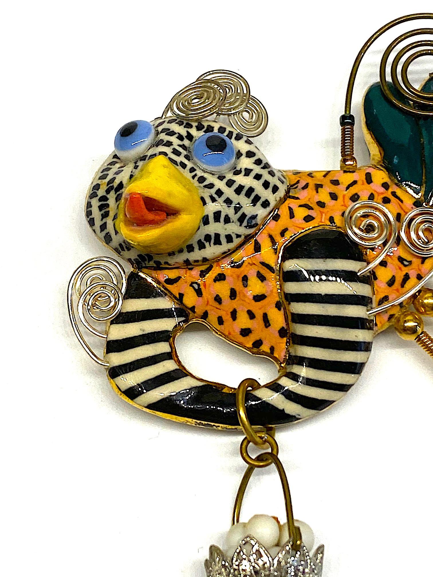 Women's or Men's Cynthia Chuang, Jewelry 10, Porcelain & Glass Chicken with Basket Brooch