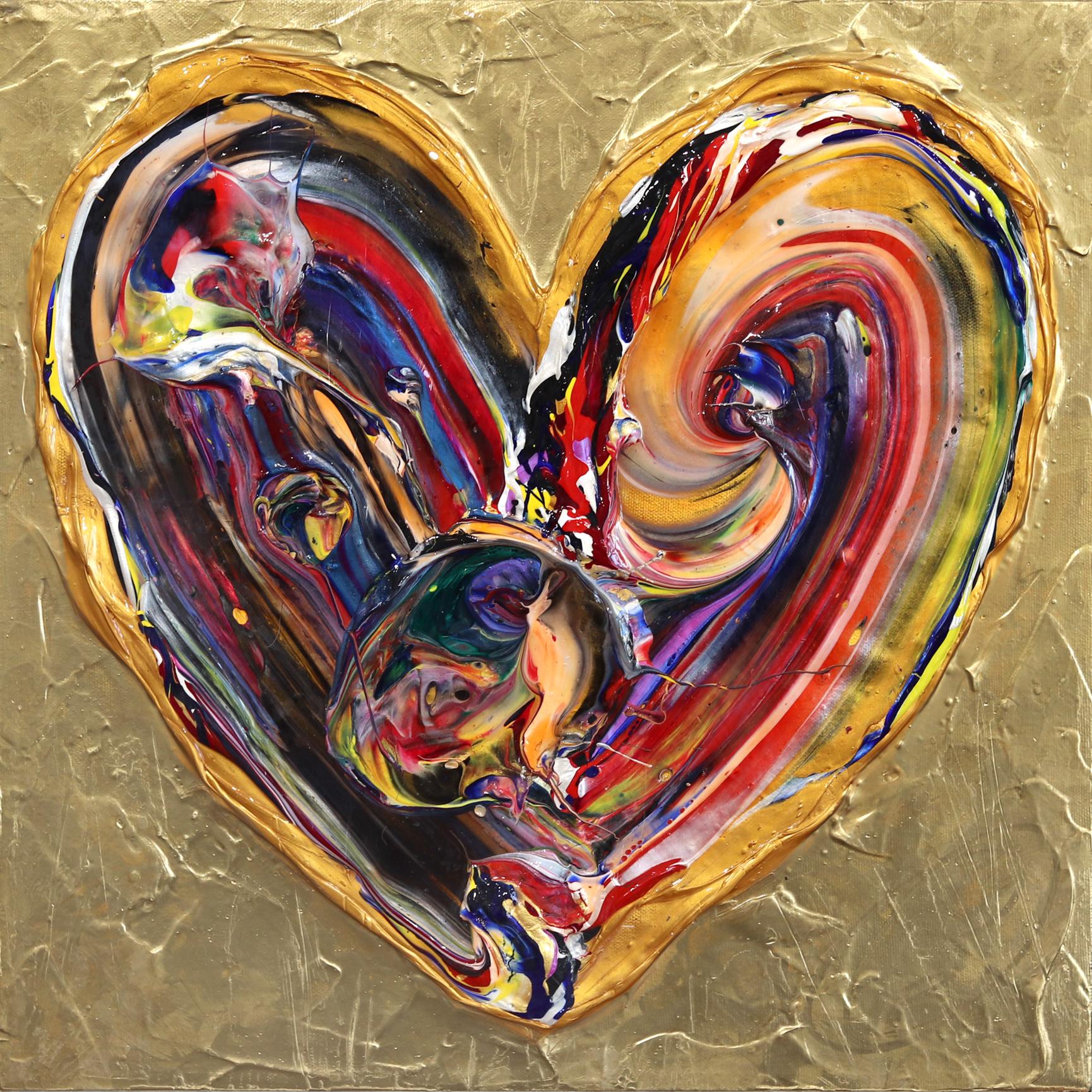 Cynthia Coulombe Bégin Abstract Painting - Your Heart Is Better Than Gold - Impasto Thick Paint Original Colorful Heart Art