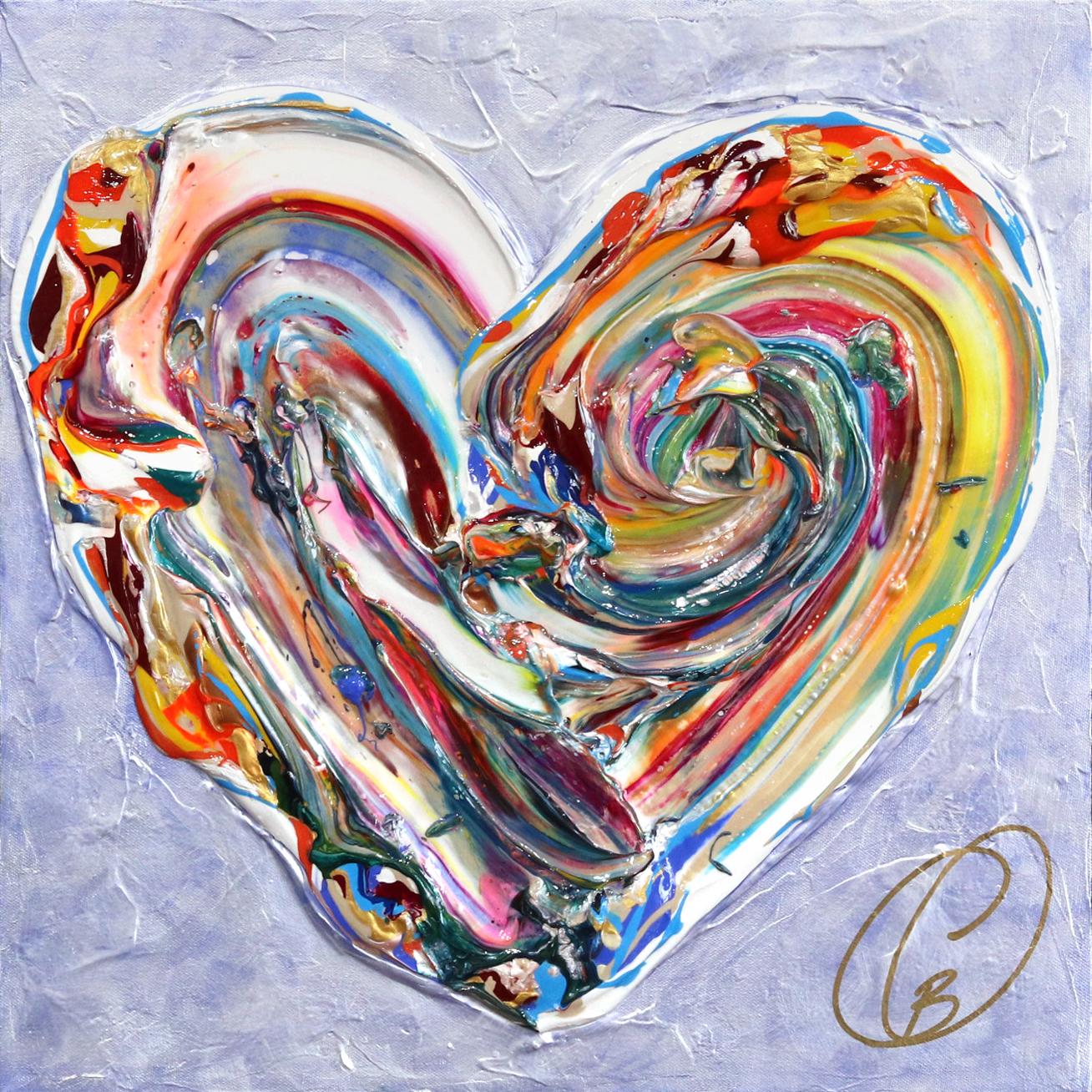 Cynthia Coulombe Bégin Abstract Painting - Beauty of Love - Impasto Pop Art Purple and Colorful Romantic Heart Painting