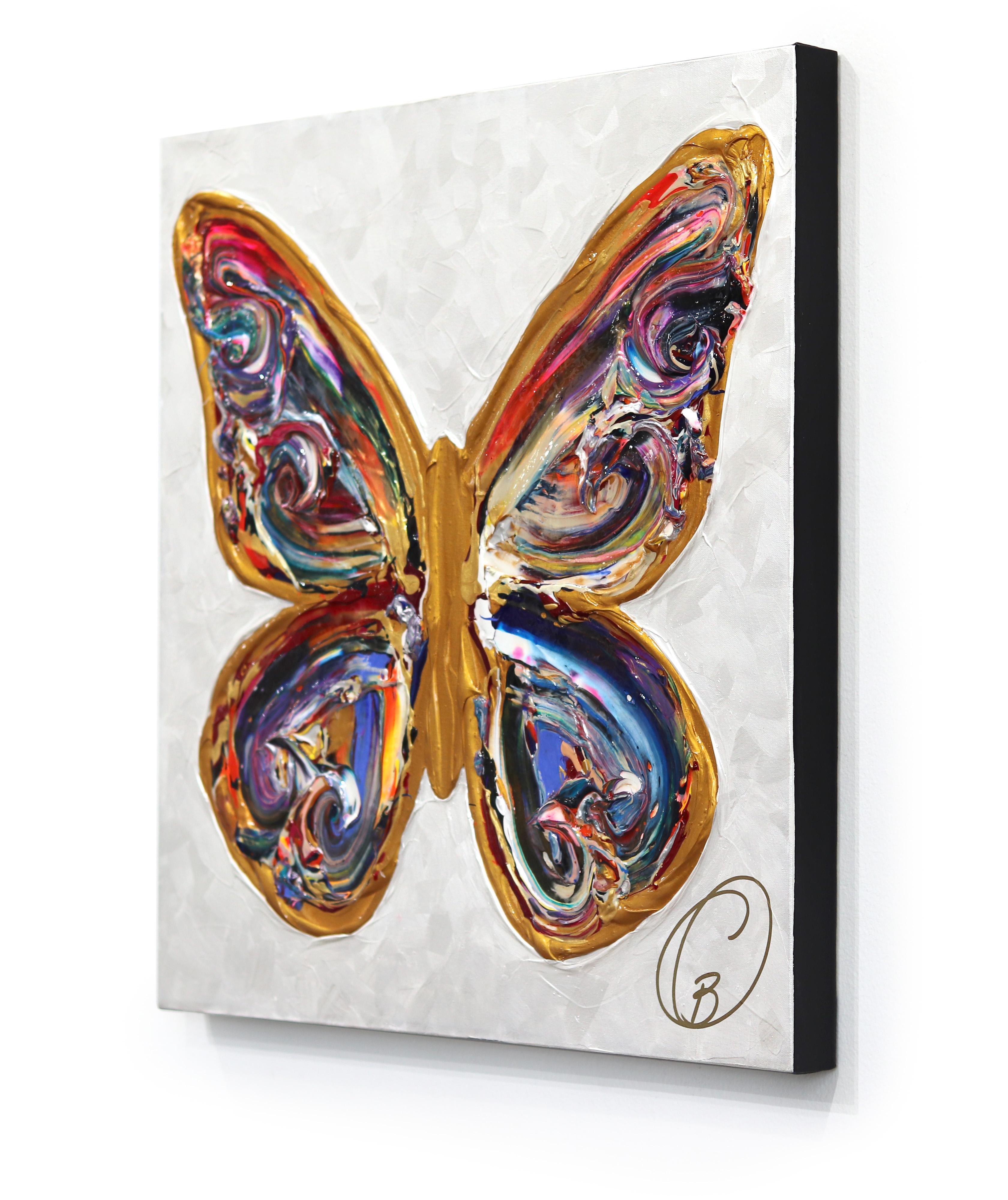 Faith Makes All Things Possible - Impasto Thick Paint Original Butterfly Artwork - Beige Abstract Painting by Cynthia Coulombe Bégin
