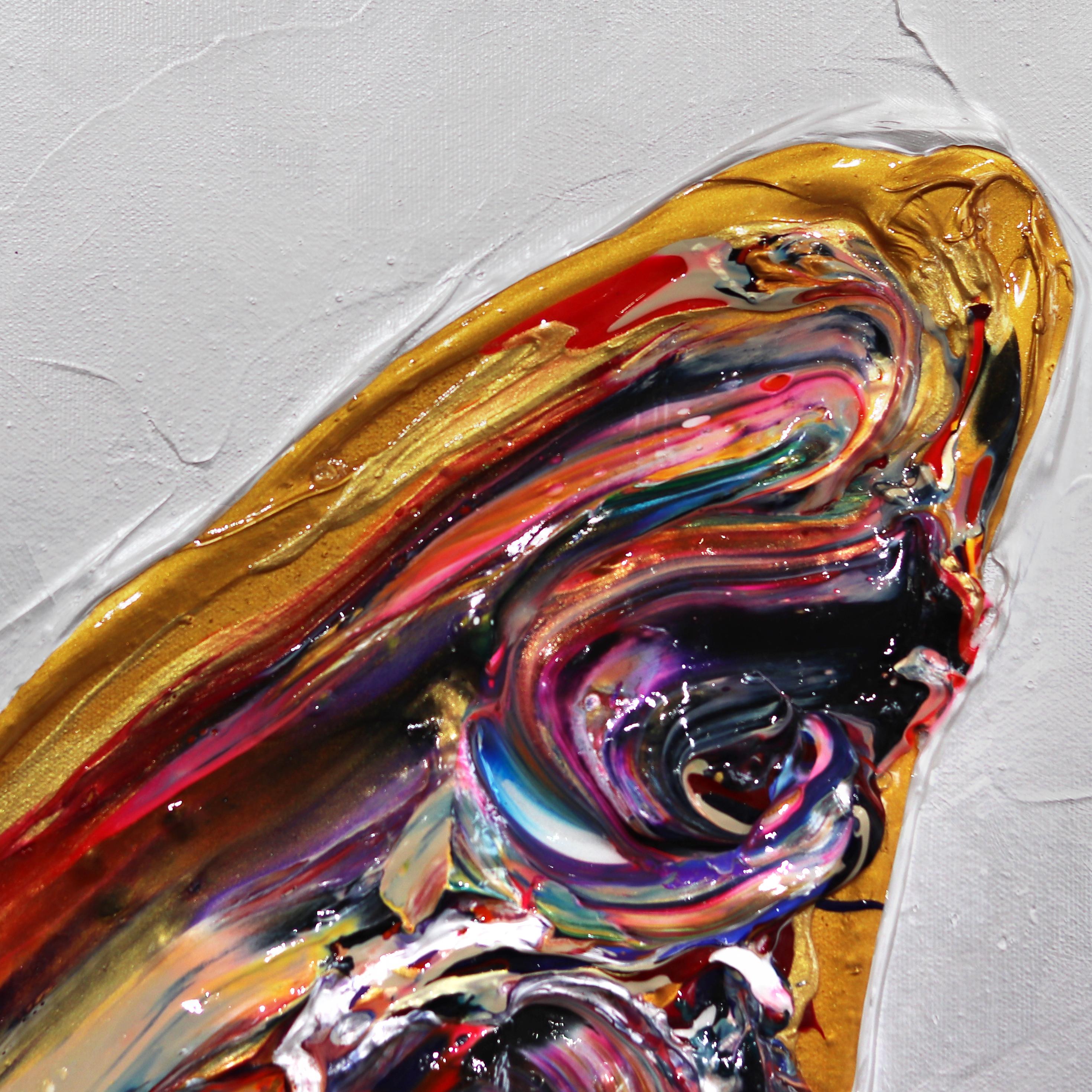 Coulombe-Bégin's dynamic acrylic on canvas works seek to produce a metamorphic interpretation of the artist's inner identity. Her paintings make ample use of contrasting colors to create exuberance and energy in her images. Inspired by street art,