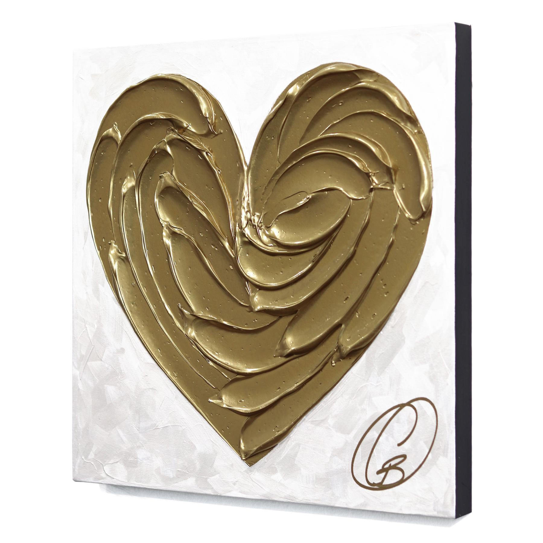 El oro es un sentimiento - Impasto Pintura original con textura metálica gruesa Corazón - Abstract Painting Oro de Cynthia Coulombe Bégin