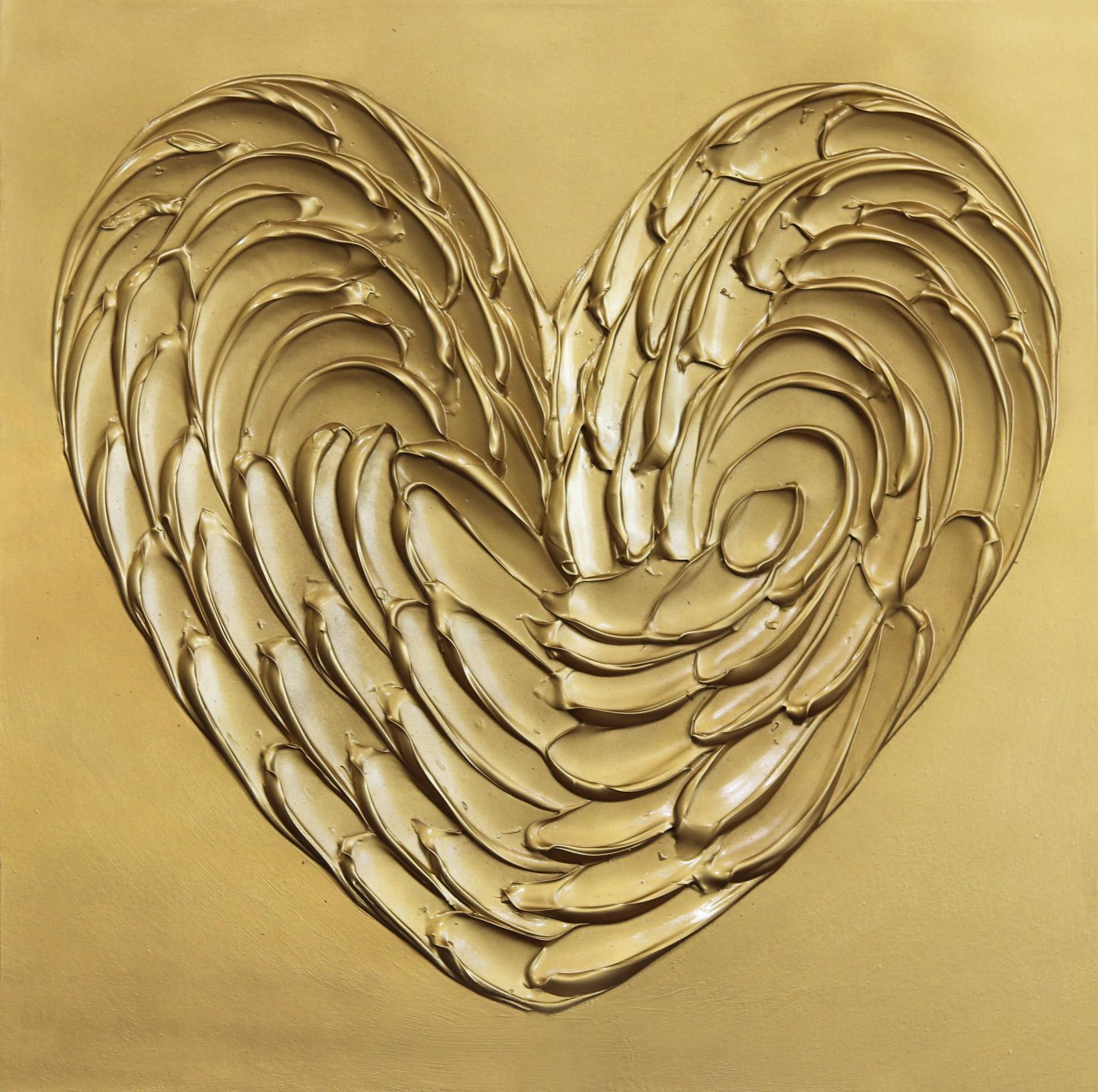 Gold Love No. 5 - Peinture originale à motifs géométriques texturés et à cœur vif 