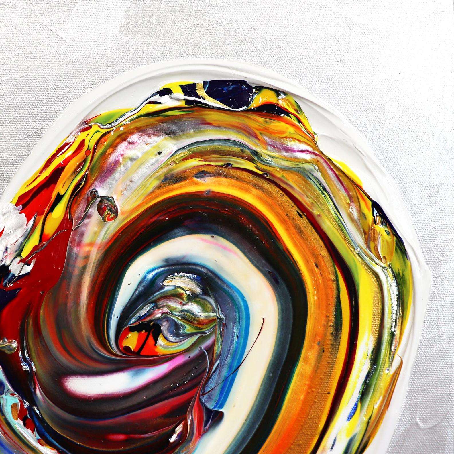 Coulombe-Bégin's dynamic acrylic on canvas works seek to produce a metamorphic interpretation of the artist's inner identity. Her paintings make ample use of contrasting colors to create exuberance and energy in her images. Inspired by street art,