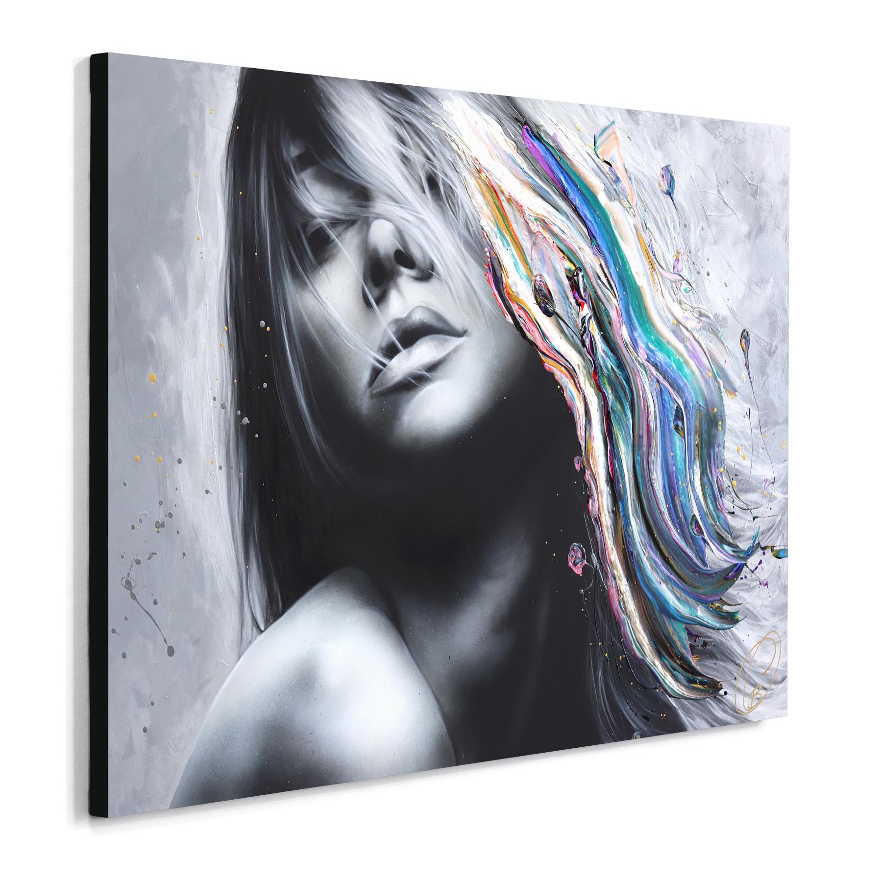 Imagina Si - Impasto Pintura Gruesa Original Plata Azul Púrpura Rosa Arte Figurativo - Figurative Painting Gris de Cynthia Coulombe Bégin