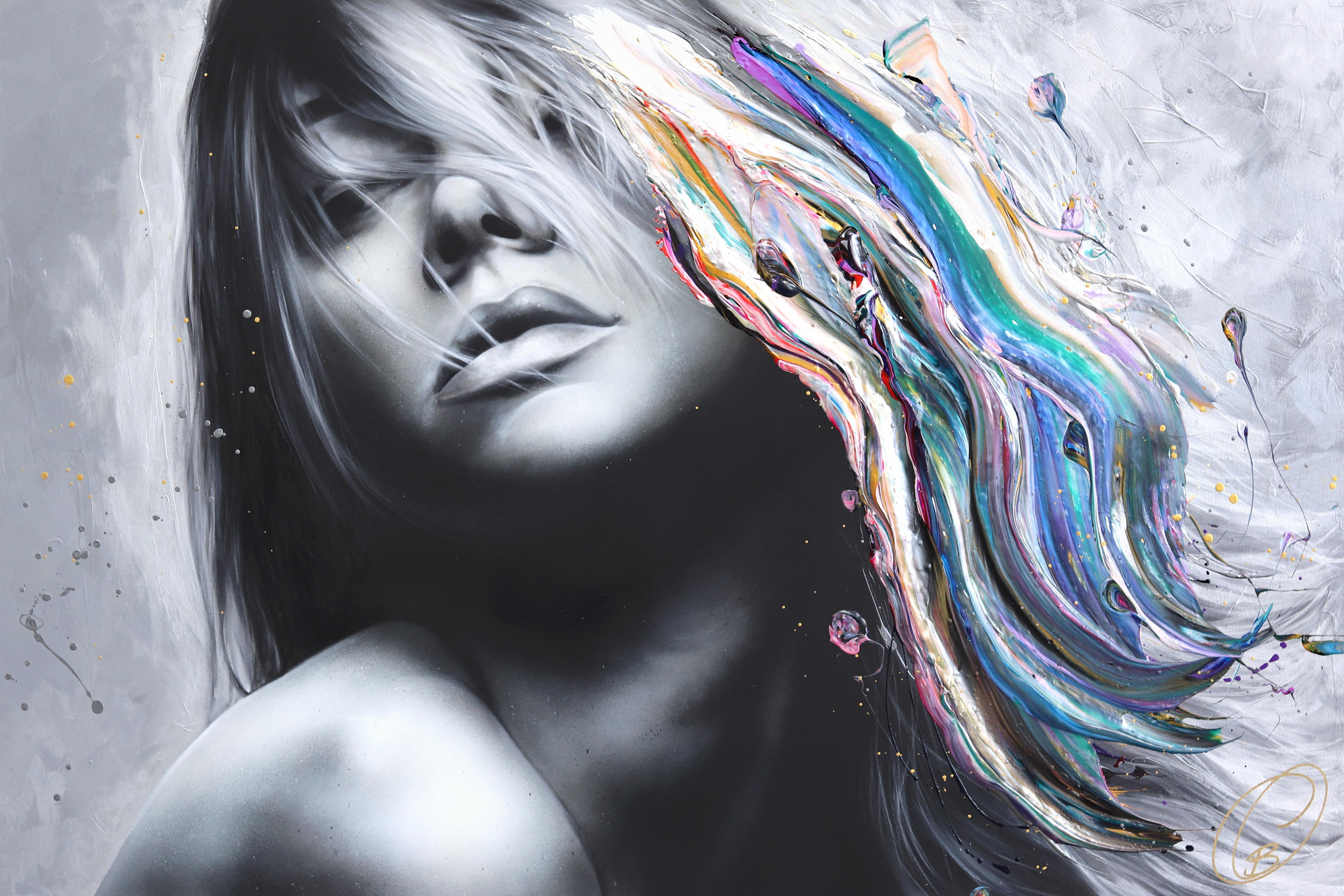 Figurative Painting de Cynthia Coulombe Bégin - Imagina Si - Impasto Pintura Gruesa Original Plata Azul Púrpura Rosa Arte Figurativo