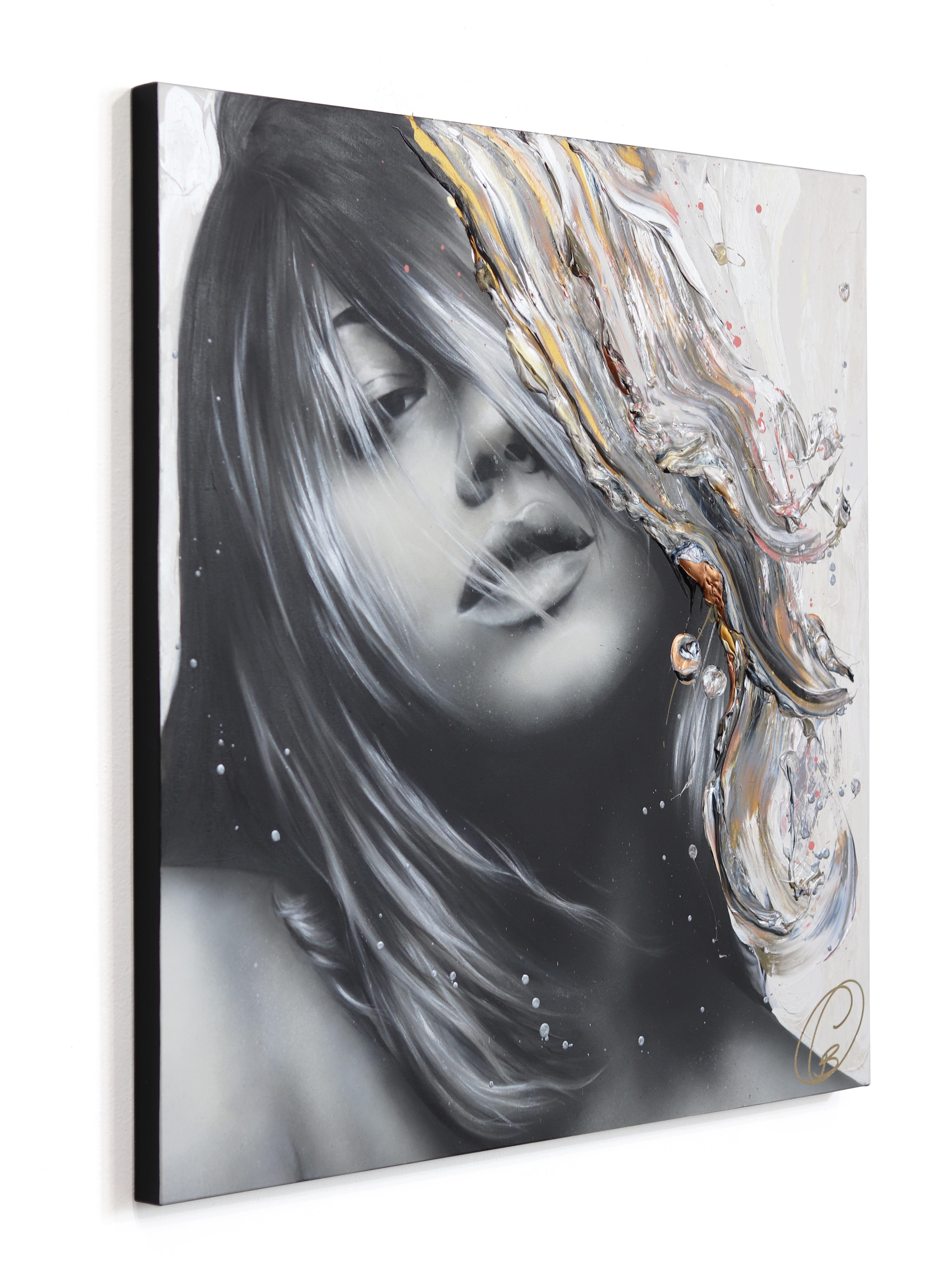 Imagina El Sueño - Impasto Pintura Gruesa Obra de Arte Original Retrato - Abstract Painting Gris de Cynthia Coulombe Bégin