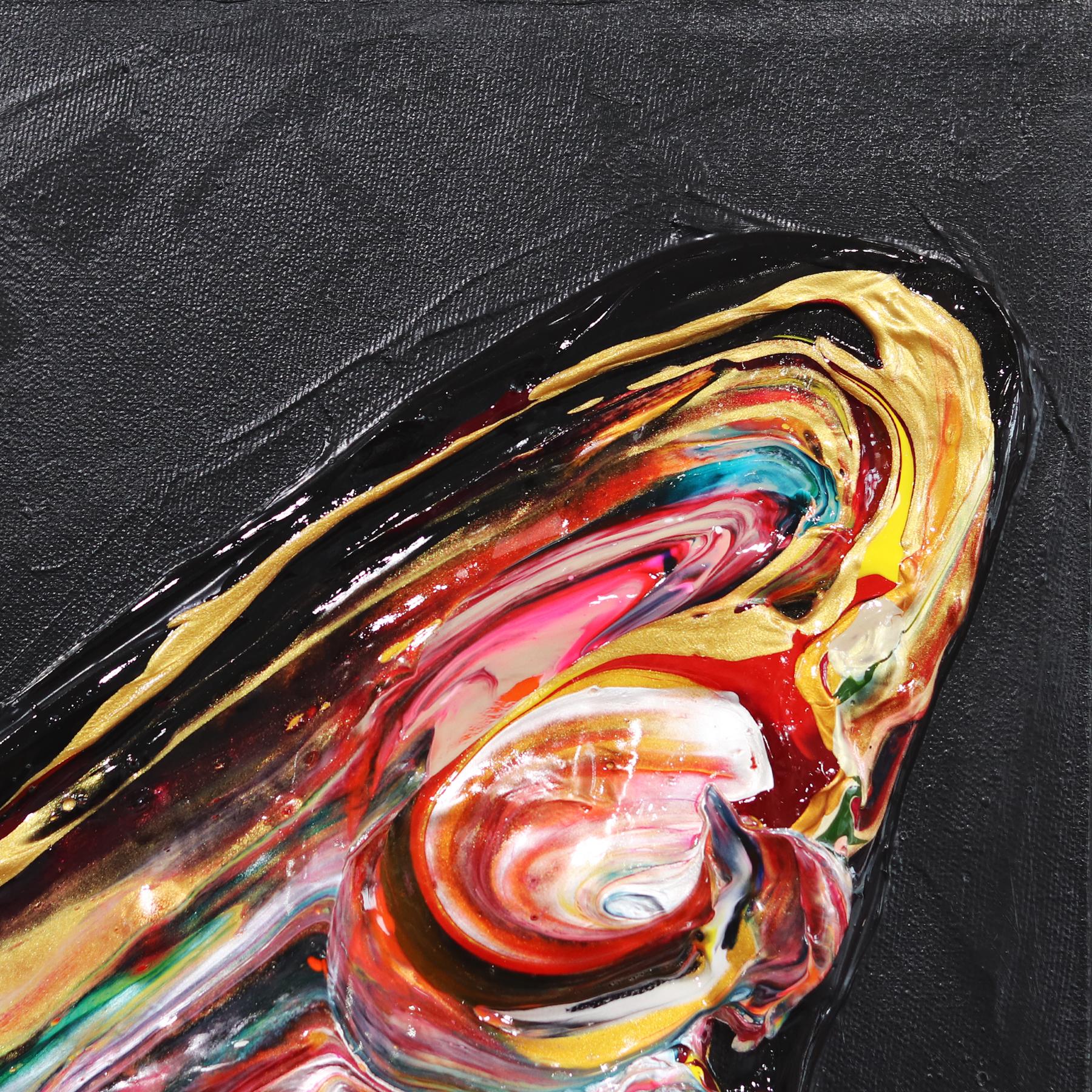 Le Guide - Impasto di vernice spessa originale con farfalle colorate - Figurative Painting Nero di Cynthia Coulombe Bégin