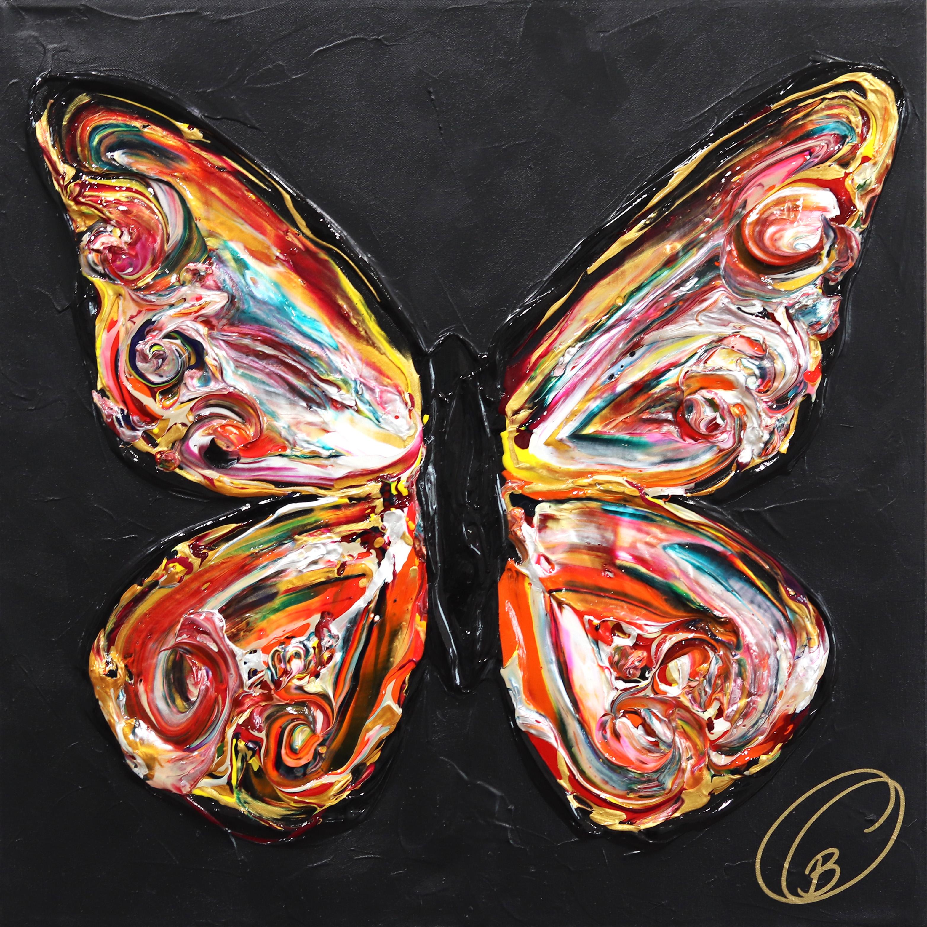 Figurative Painting di Cynthia Coulombe Bégin - Le Guide - Impasto di vernice spessa originale con farfalle colorate