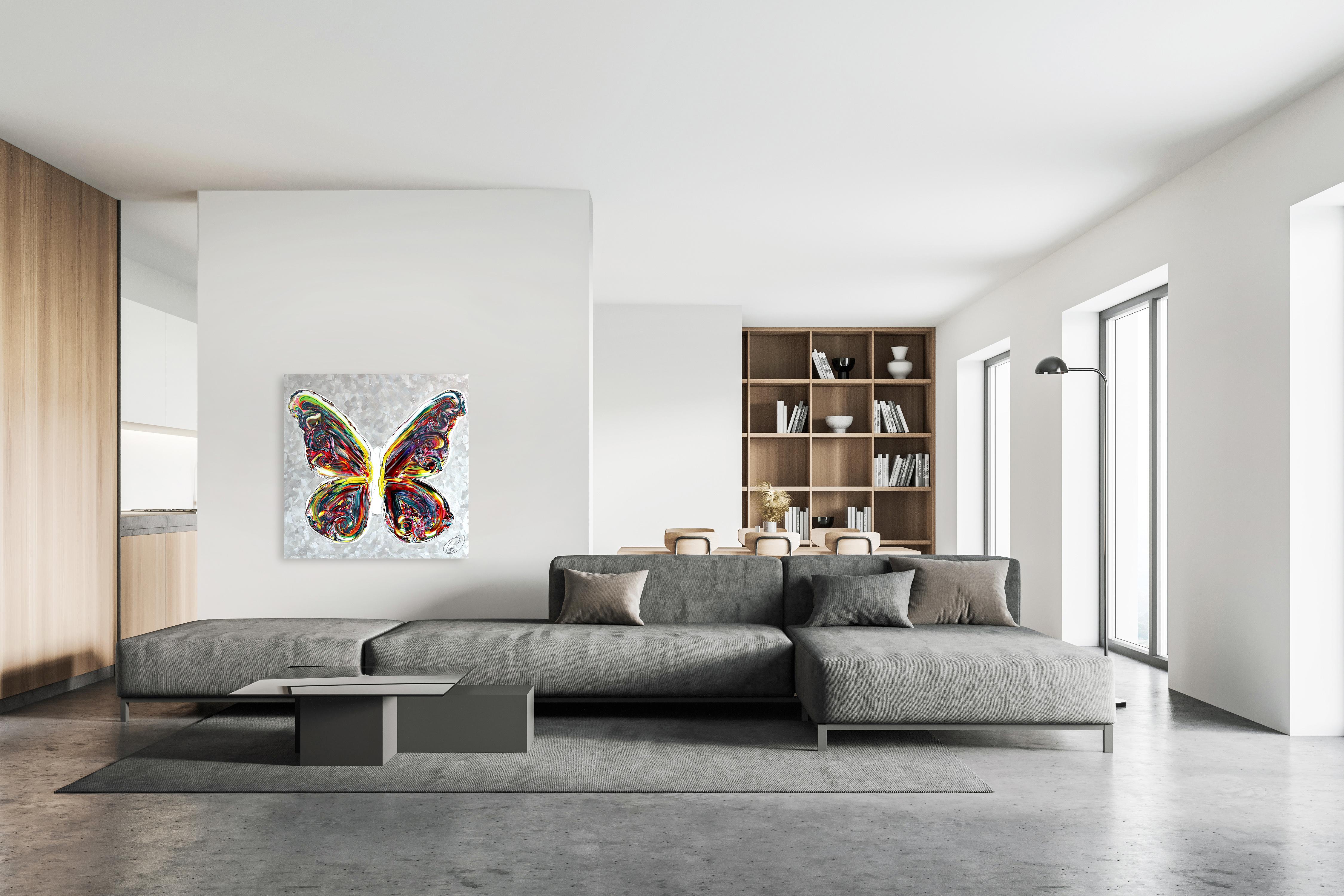 Le Nouveau Chemin - Impasto a vernice spessa, opera d'arte originale a forma di farfalla in vendita 2
