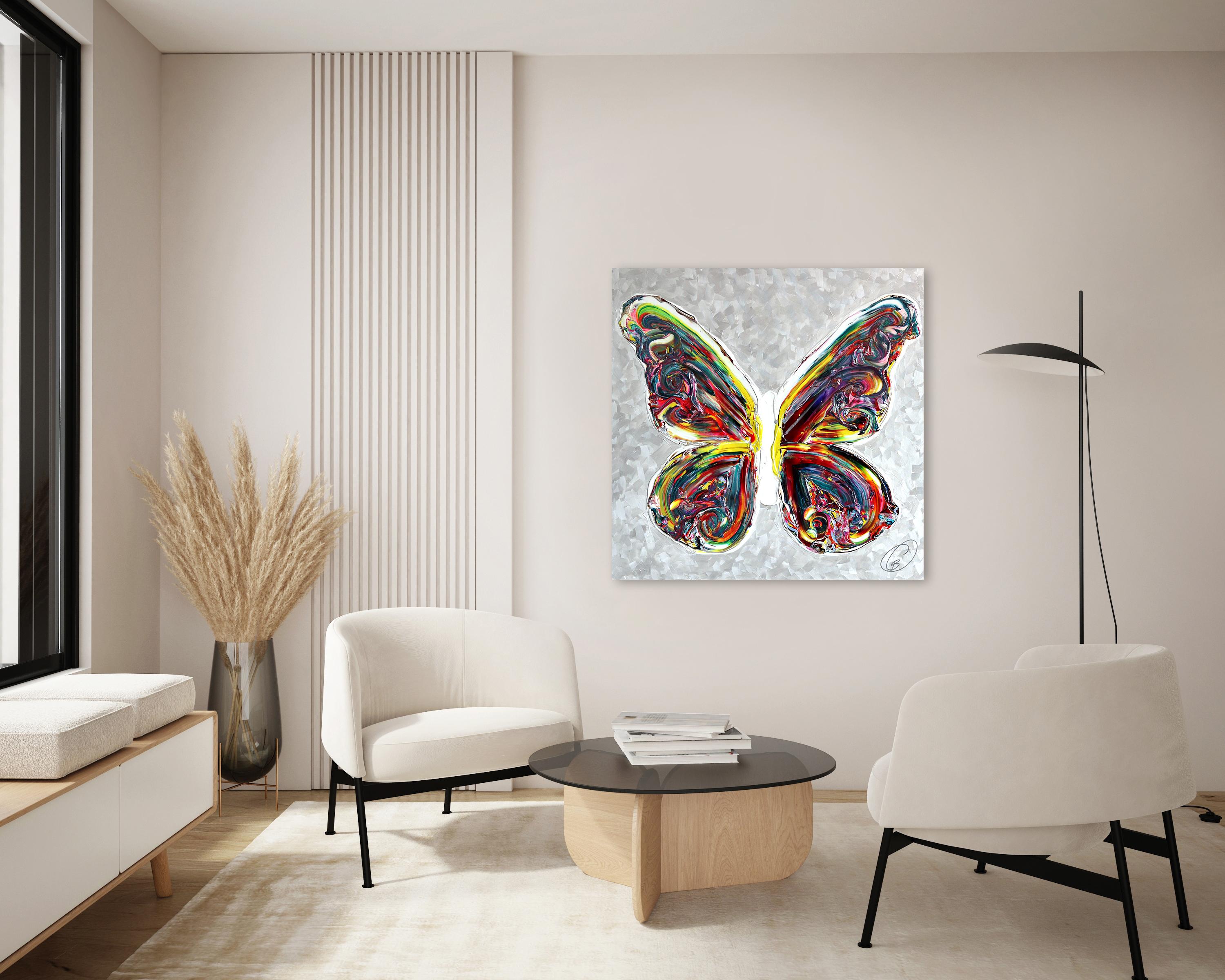 Le Nouveau Chemin - Impasto a vernice spessa, opera d'arte originale a forma di farfalla in vendita 3