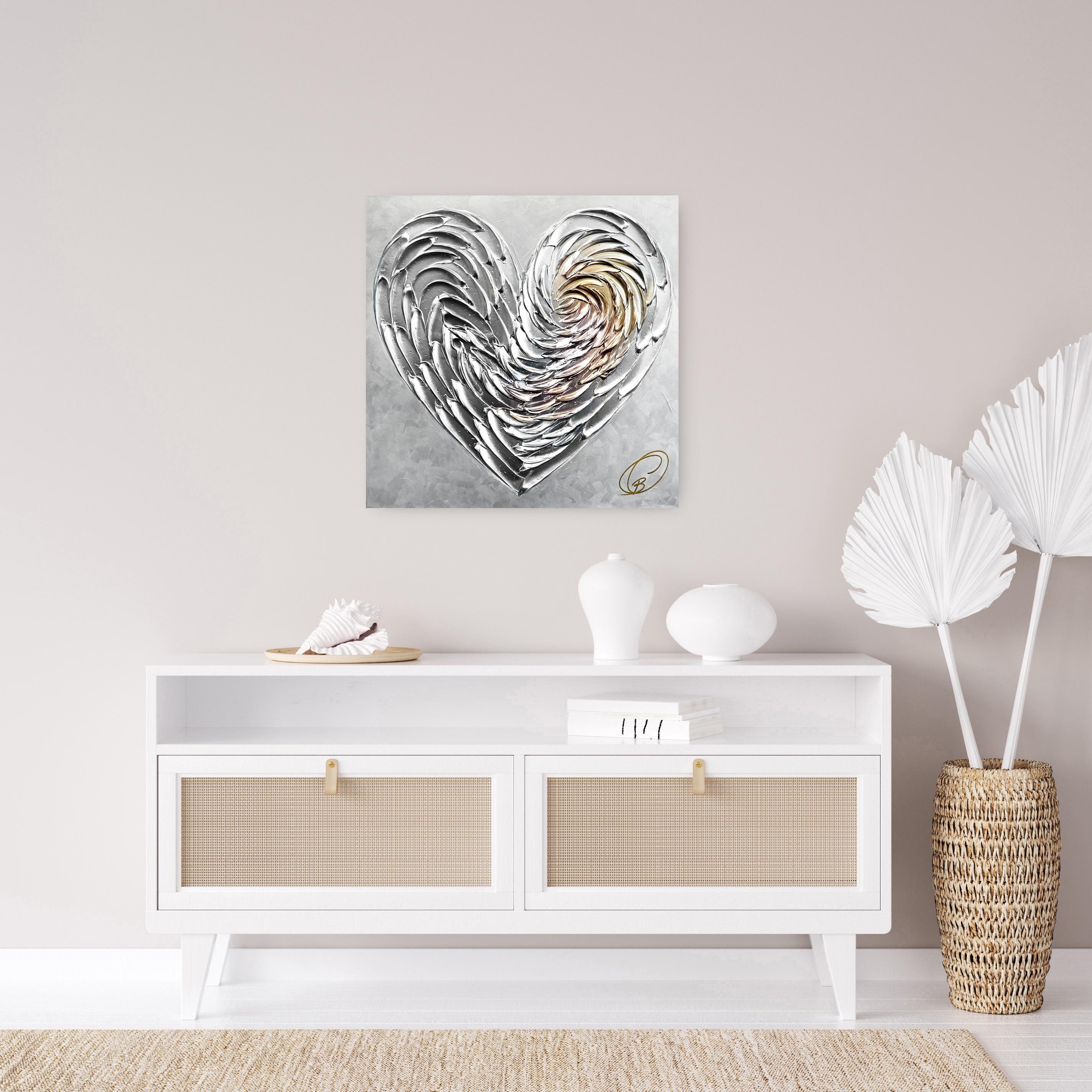 L'Incroyable Coeur D'Amour - Impasto Thick Paint Original Silver Heart Artwork - Painting by Cynthia Coulombe Bégin