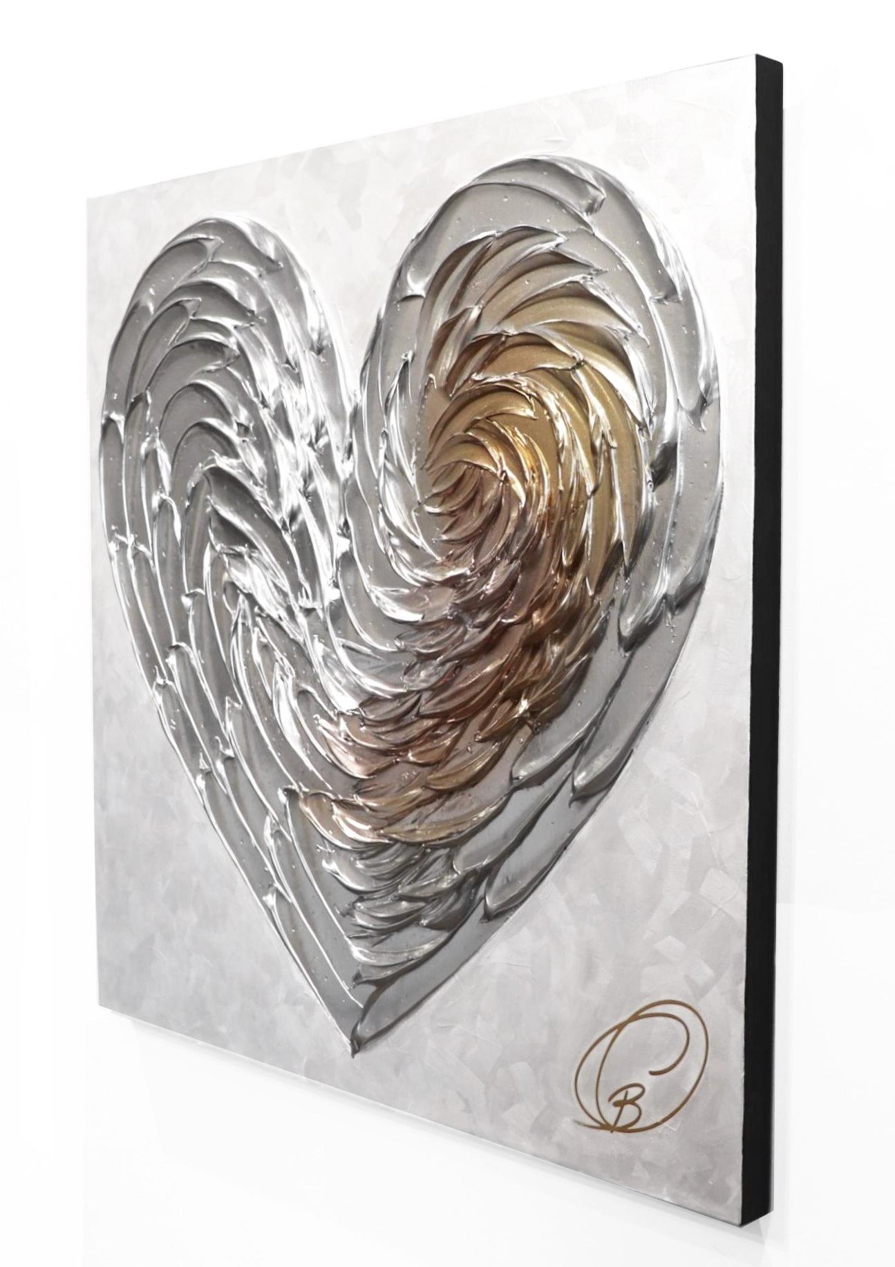 L'Incroyable Coeur D'Amour - Impasto a vernice spessa, opera d'arte originale con cuore d'argento - Figurative Painting Argento di Cynthia Coulombe Bégin