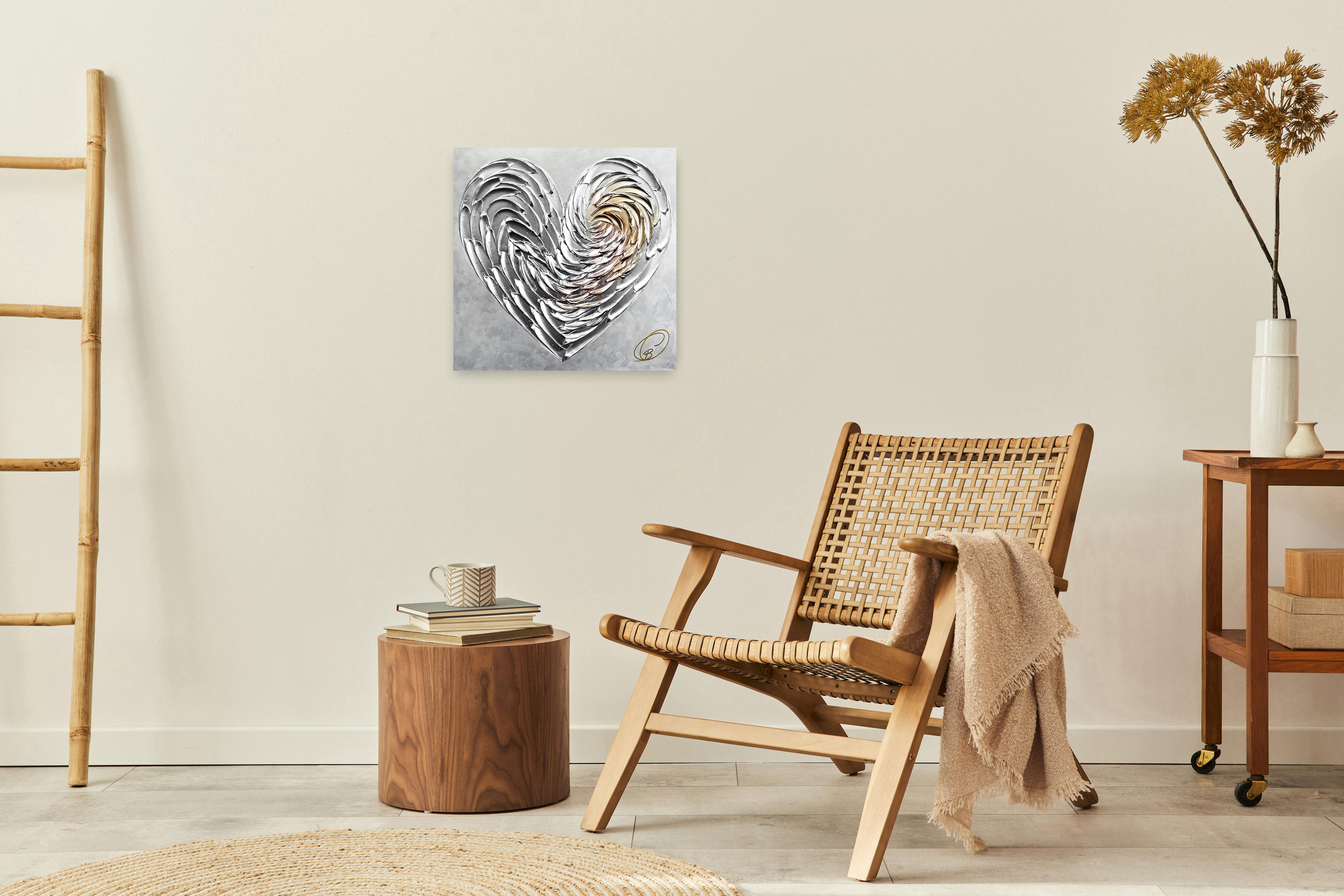 L'Incroyable Coeur D'Amour - Impasto Thick Paint Original Silver Heart Artwork For Sale 1