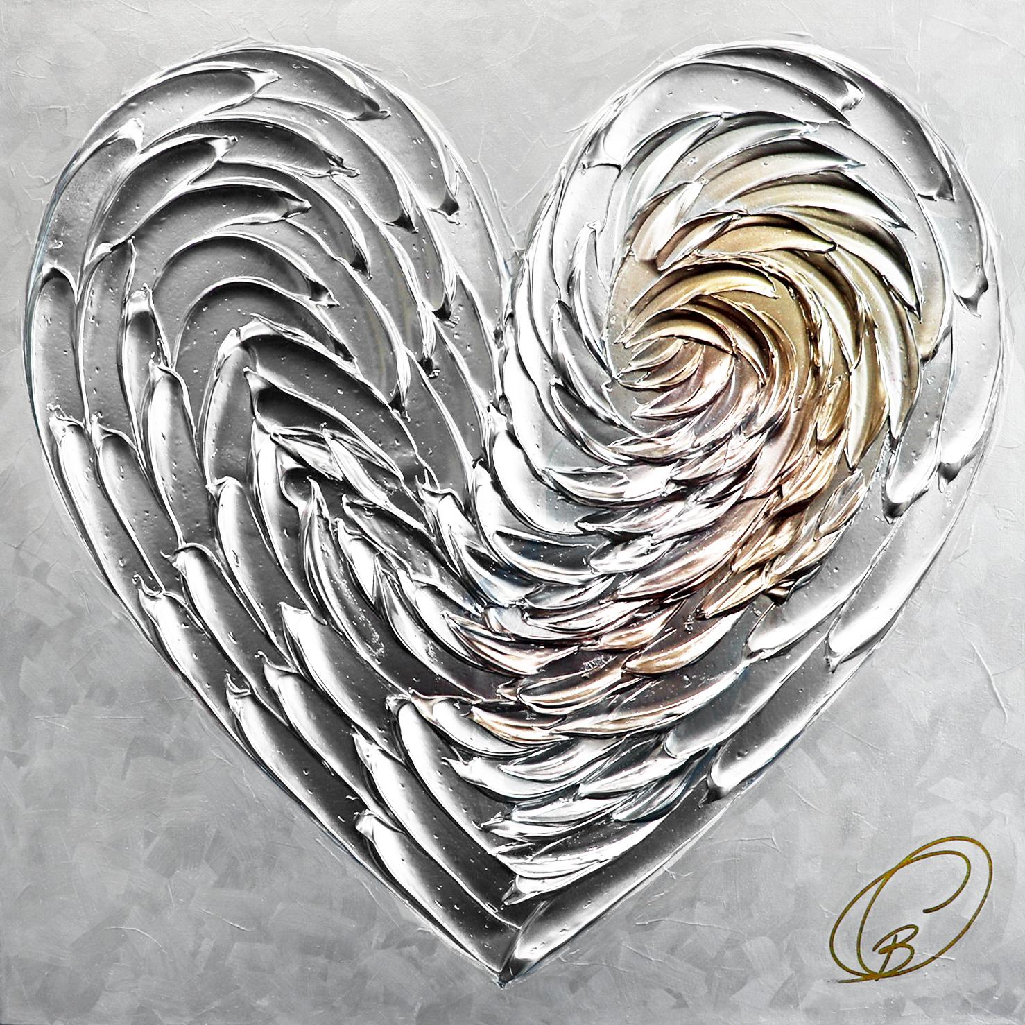Figurative Painting di Cynthia Coulombe Bégin - L'Incroyable Coeur D'Amour - Impasto a vernice spessa, opera d'arte originale con cuore d'argento