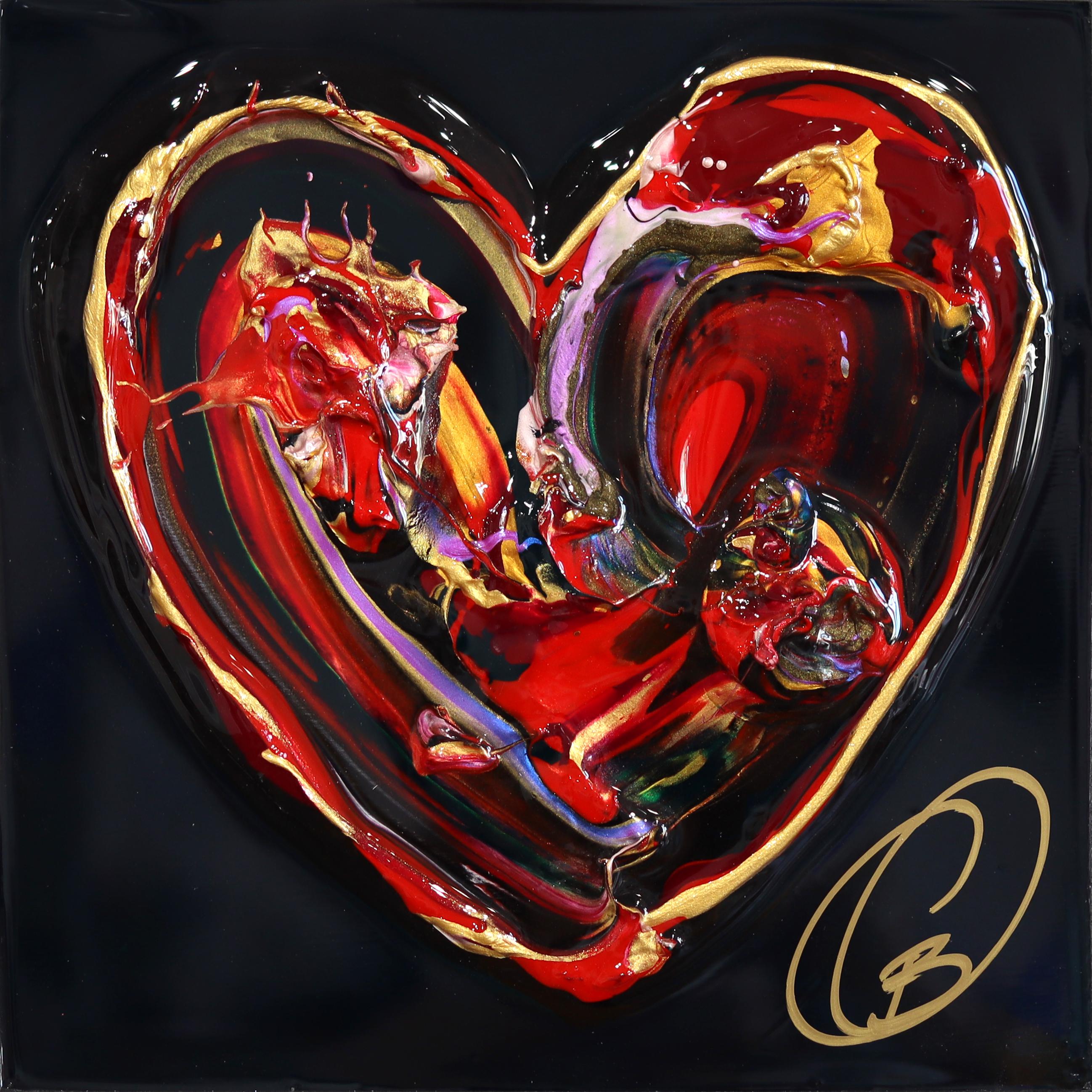 Love and Wild XX - Colorful Impasto Textured Heart Artwork on Black Wood Panel