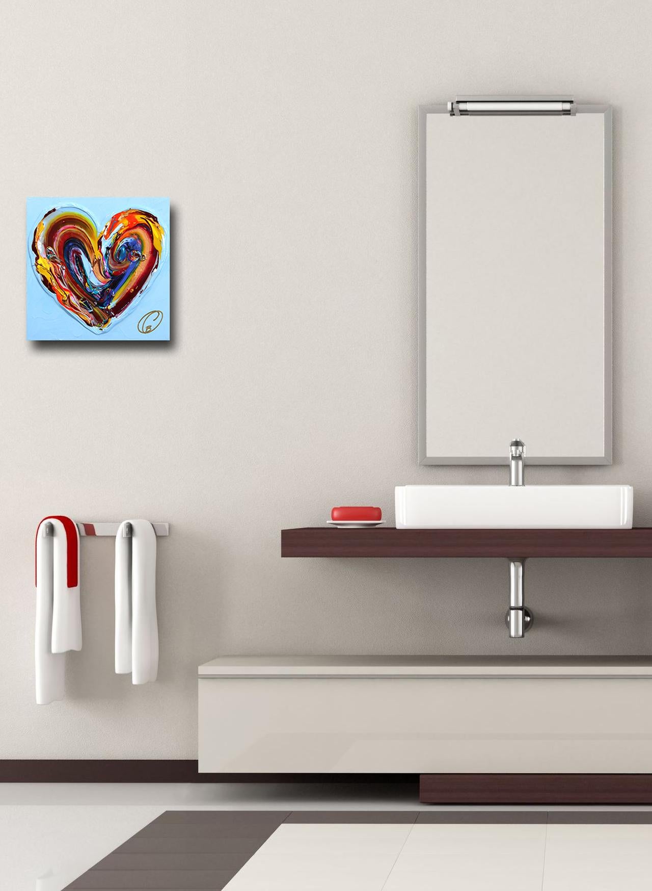Love In The Sky II - Thick Texture Colorful Heart Artwork on Vibrant Blue Paint - Painting by Cynthia Coulombe Bégin