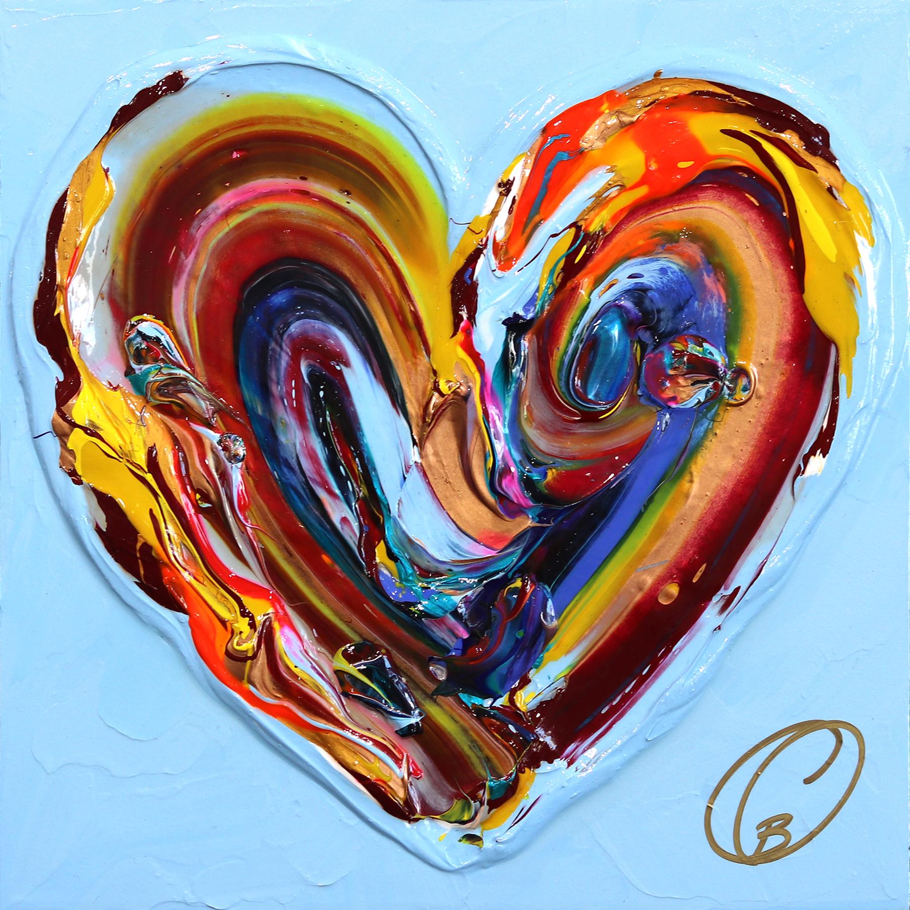 Cynthia Coulombe Bégin Figurative Painting - Love In The Sky II - Thick Texture Colorful Heart Artwork on Vibrant Blue Paint
