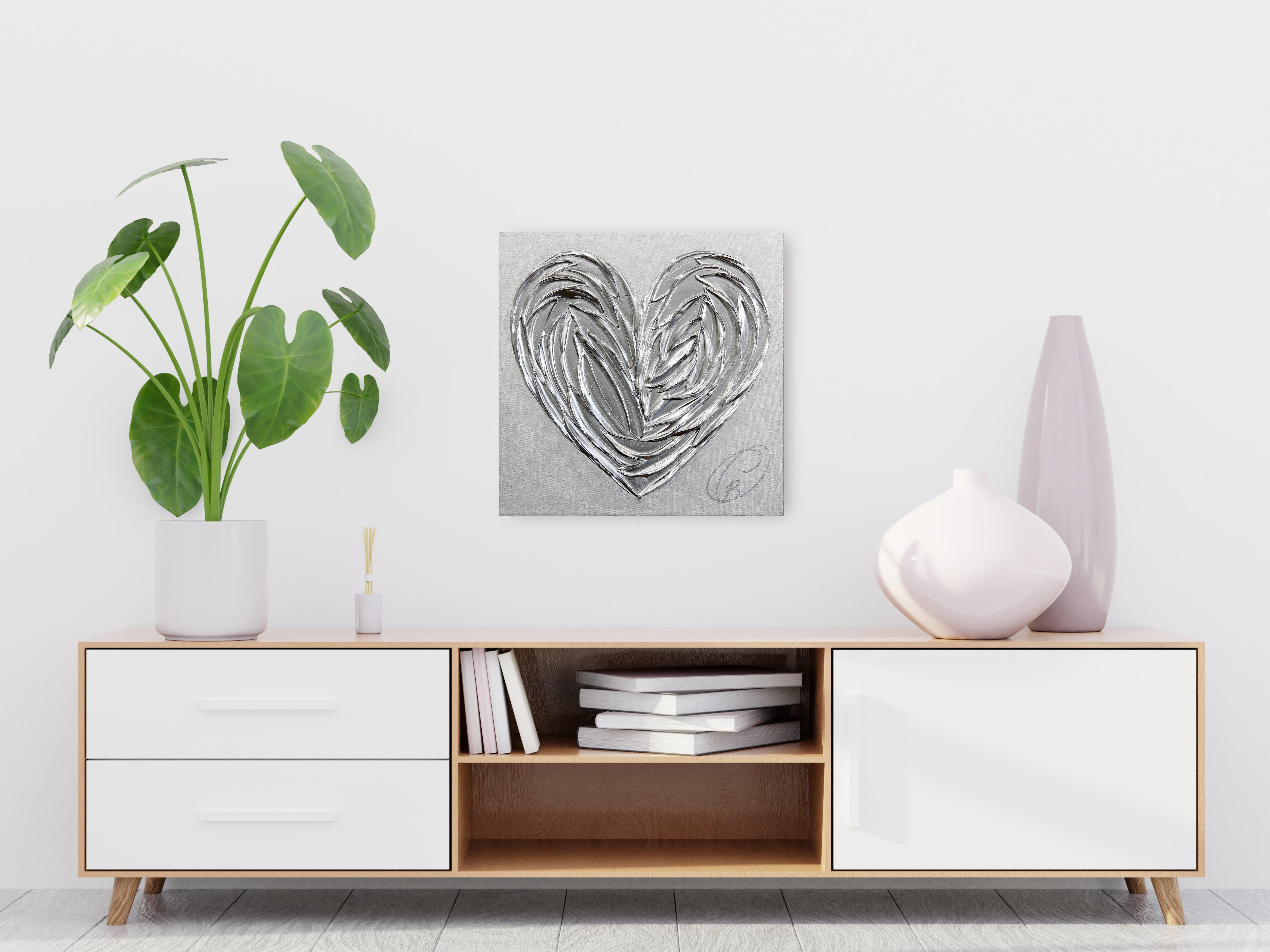 Love Under The Full Moon - Textured Silver Heart Art with 3-Dimensional Elements - Painting by Cynthia Coulombe Bégin