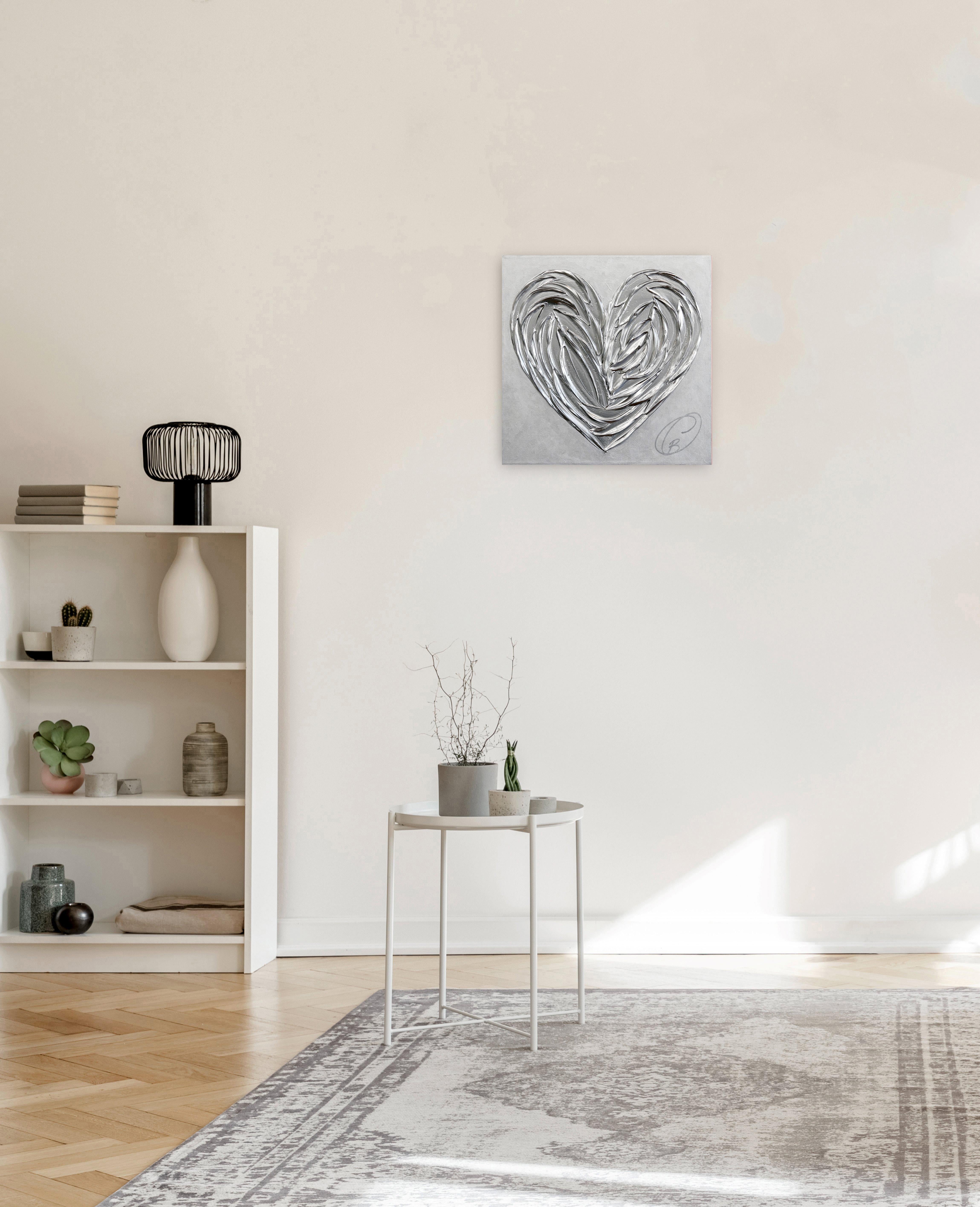 Love Under The Full Moon - Textured Silver Heart Art with 3-Dimensional Elements For Sale 2