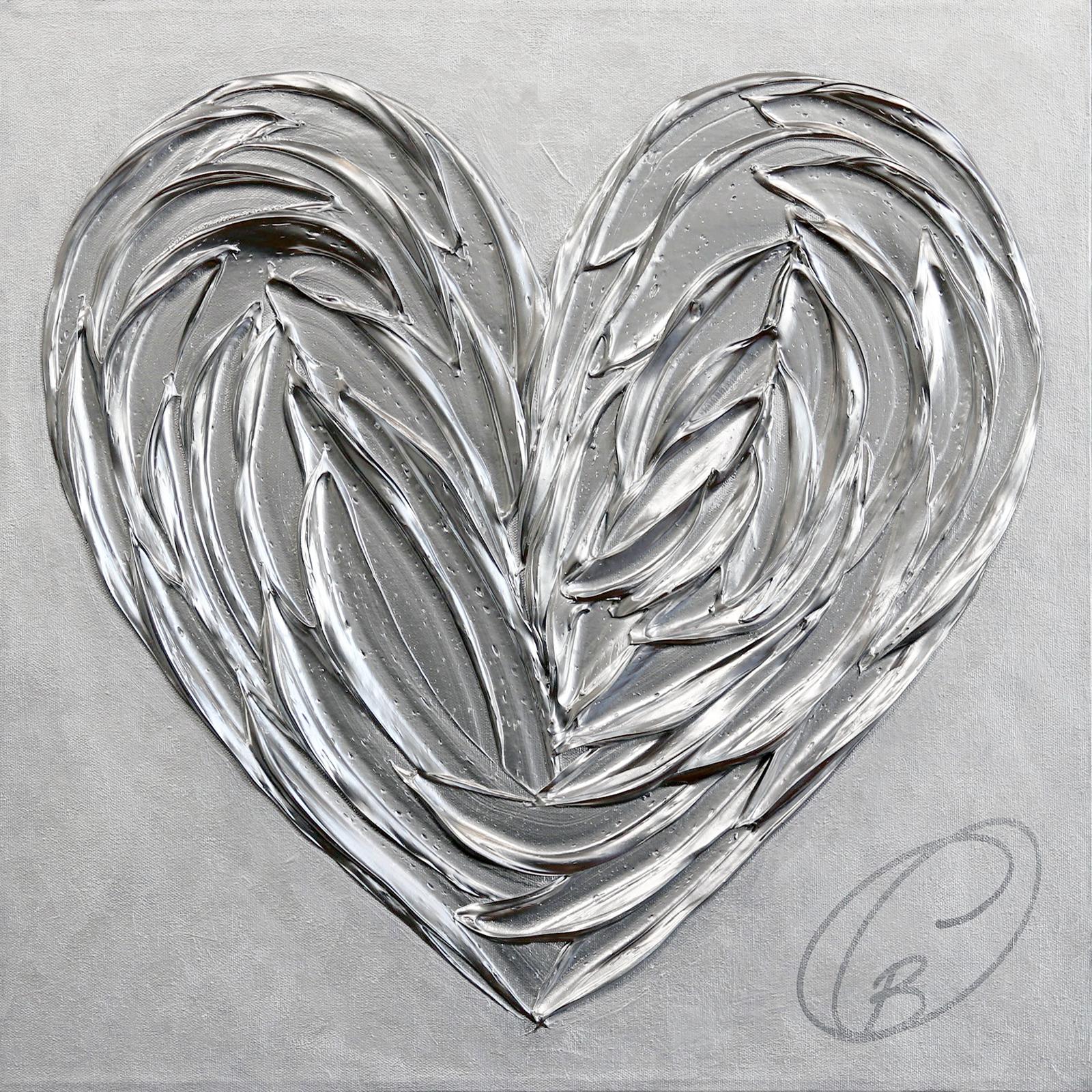 Cynthia Coulombe Bégin Abstract Painting - Love Under The Full Moon - Textured Silver Heart Art with 3-Dimensional Elements