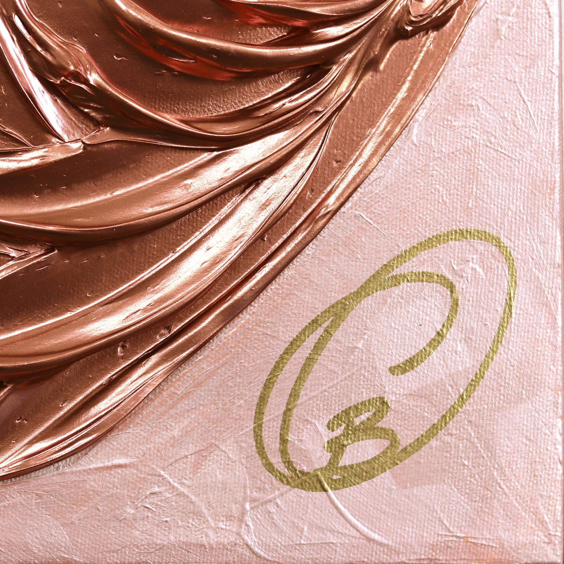 Rose Gold Reverie - Impasto Original Dickes Rosa Metallisches Strukturiertes Herz Gemälde im Angebot 3