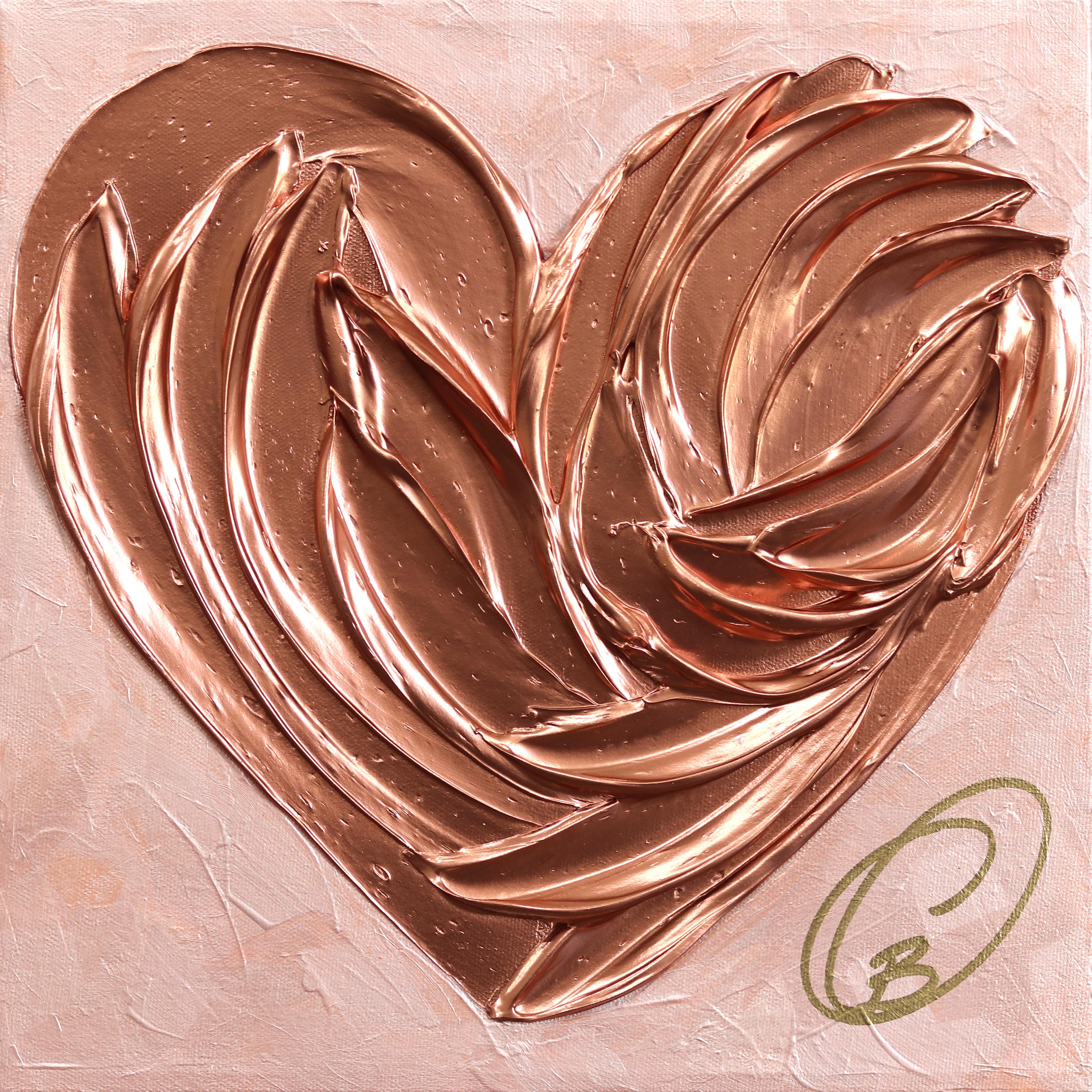 Cynthia Coulombe Bégin Abstract Painting – Rose Gold Reverie - Impasto Original Dickes Rosa Metallisches Strukturiertes Herz Gemälde
