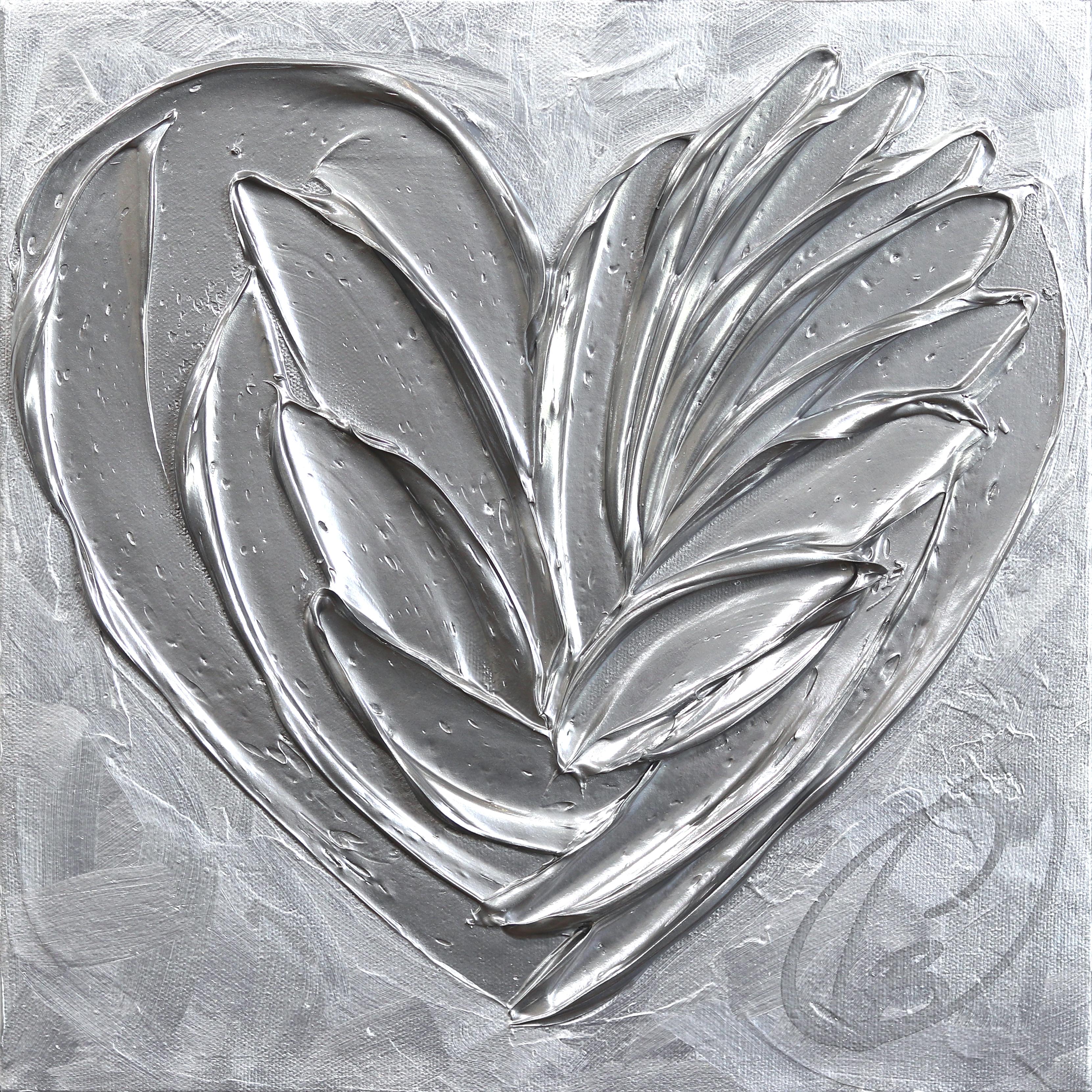 Cynthia Coulombe Bégin Abstract Painting – Silver Treasure - Impasto Original dicke Farbe strukturiertes Herz Kunstwerk auf Leinwand