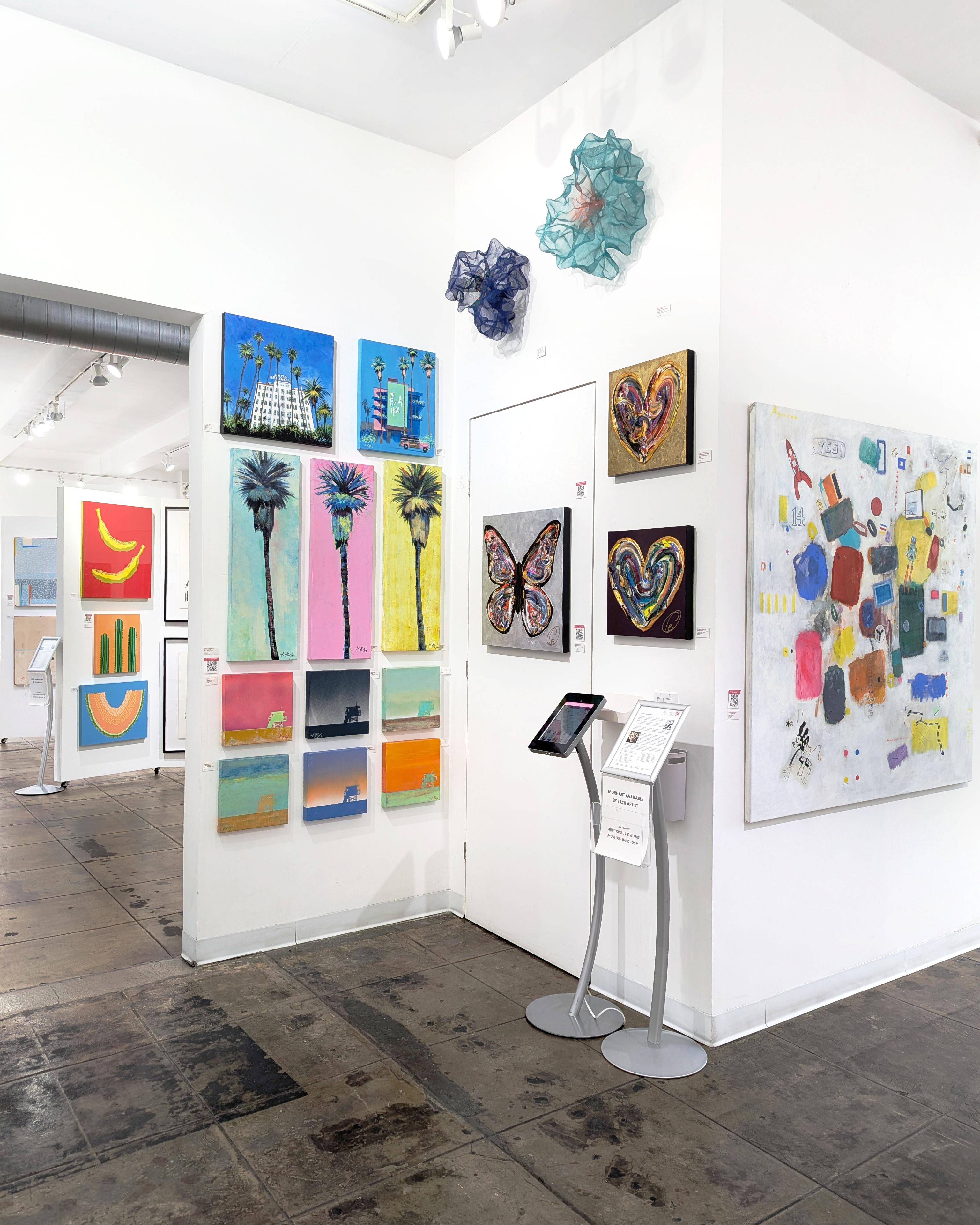 Coulombe-Bégin's dynamic acrylic on canvas works seek to produce a metamorphic interpretation of the artist's inner identity. Her paintings make ample use of contrasting colors to create exuberance and energy in her images. Inspired by street art,