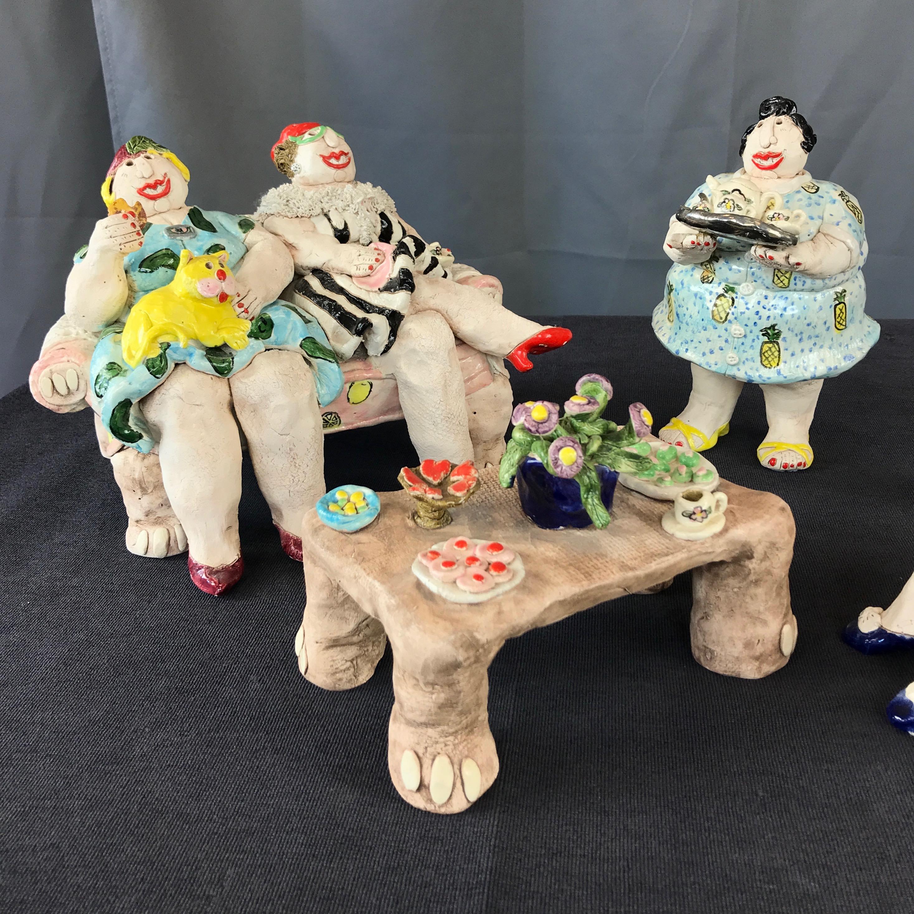 Cynthia Hipkiss “Four Ladies at Tea” Five-Piece Ceramic Sculpture, 1987 In Good Condition In San Francisco, CA