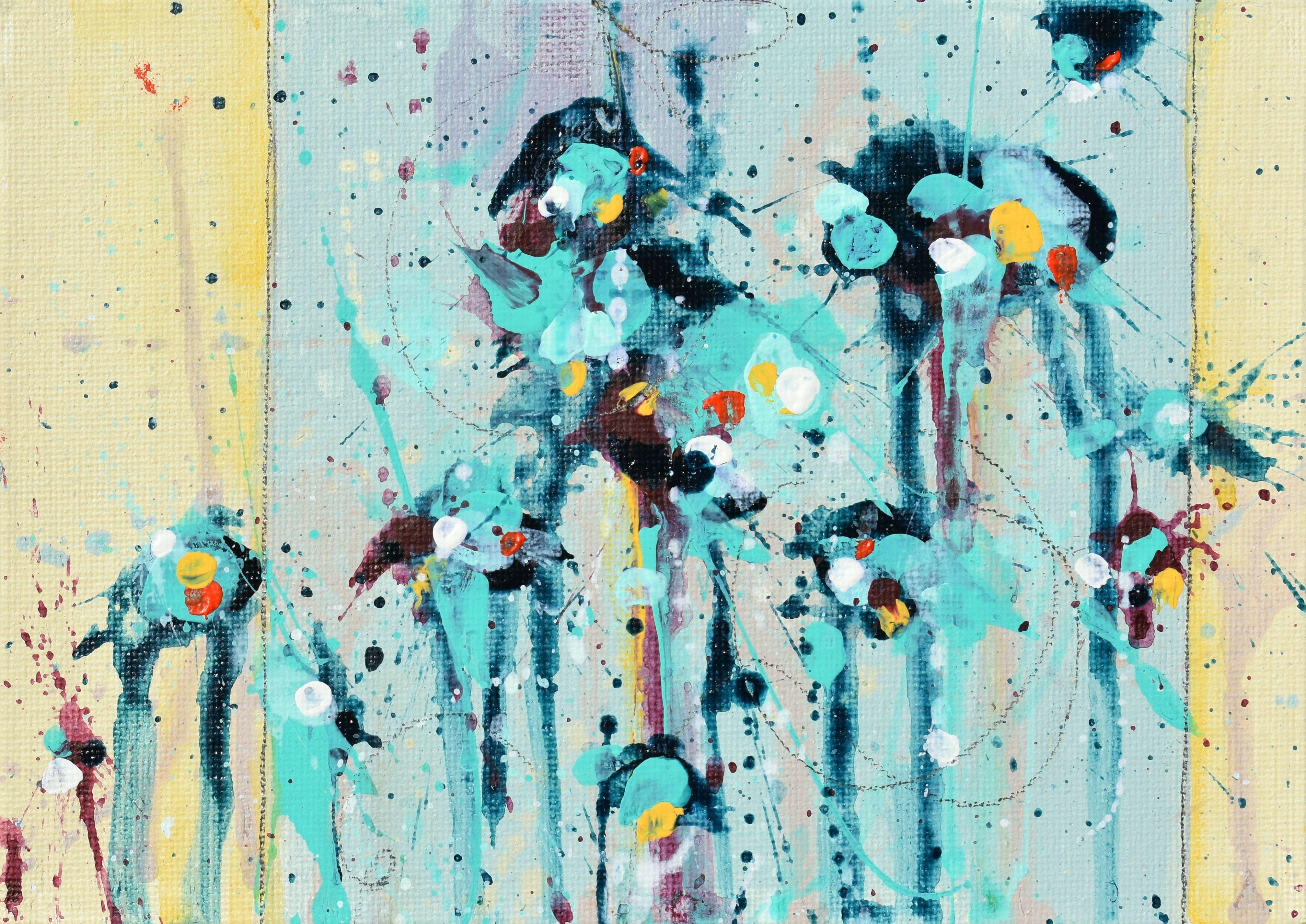 Freier Geist, sonnenbeschienenene Wolken, blauer Horizont, Gemälde, Acryl auf MDF-Tafel (Blau), Abstract Painting, von Cynthia  Ligeros