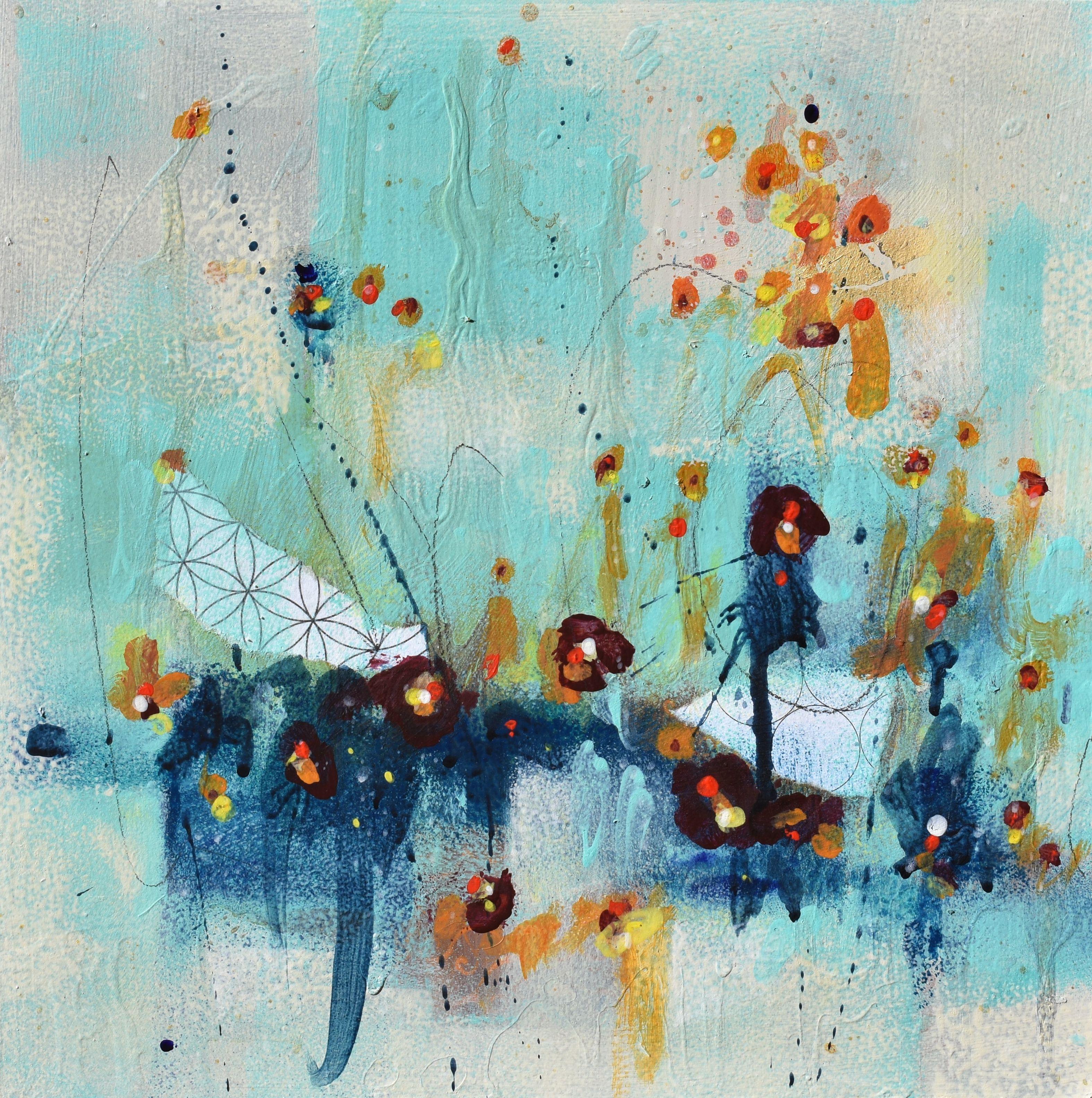 Abstract Painting Cynthia  Ligeros - Song Of The Sunflowers, peinture, acrylique sur panneau de bois