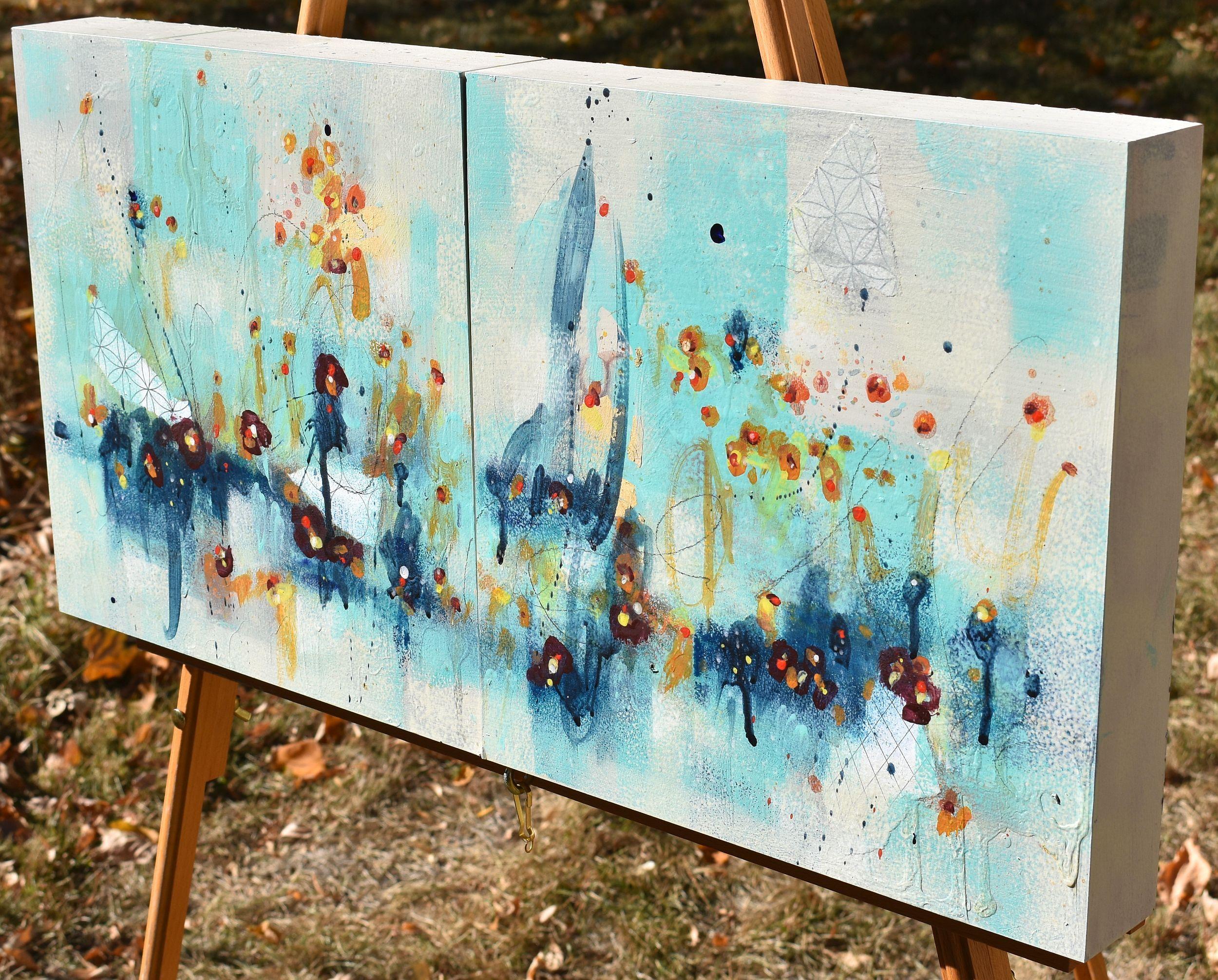 Canzone dei girasoli, Sogni d'estate, Pittura, Acrilico su pannello di Wood - Painting di Cynthia  Ligeros