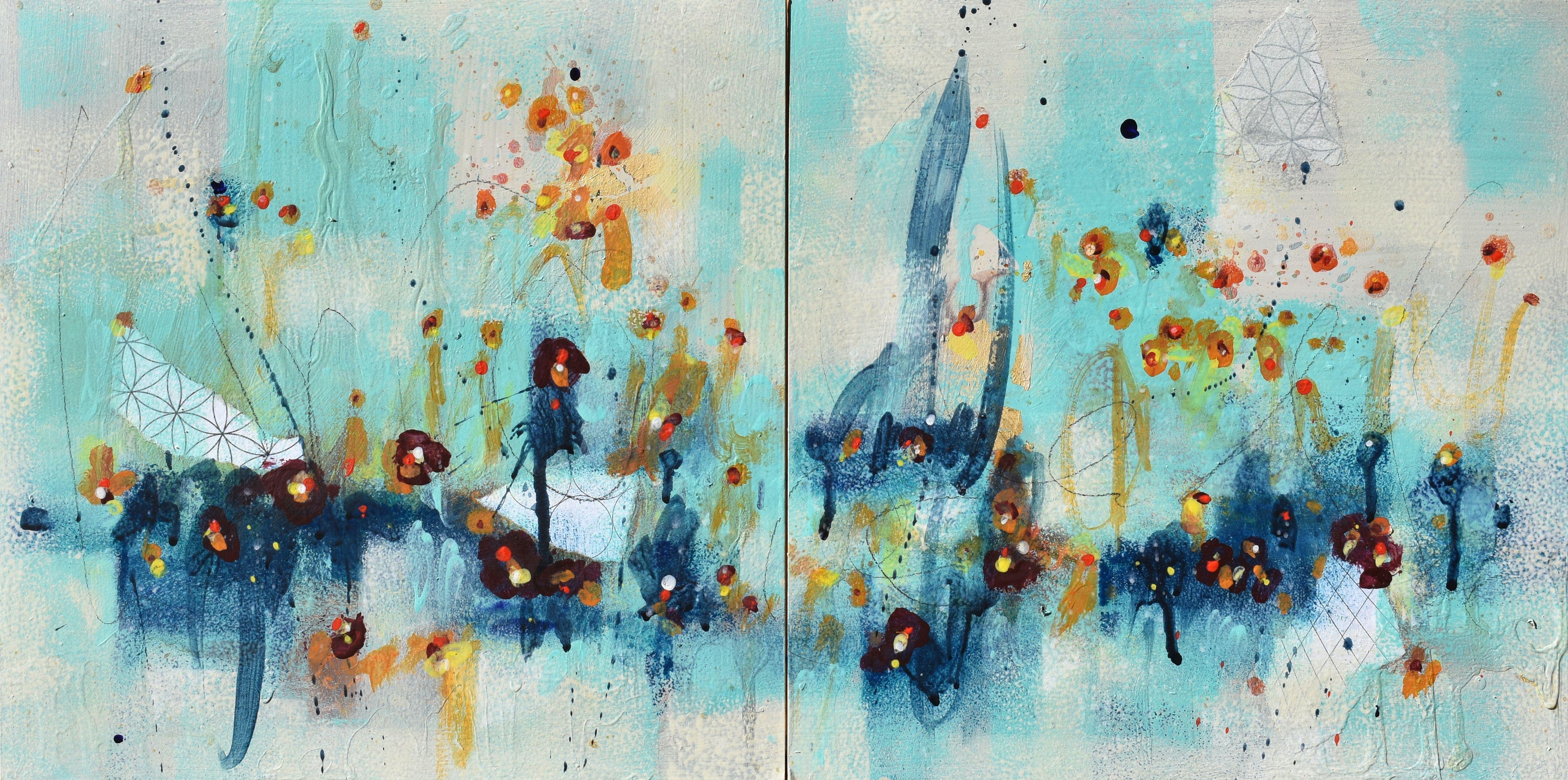 Abstract Painting di Cynthia  Ligeros - Canzone dei girasoli, Sogni d'estate, Pittura, Acrilico su pannello di Wood