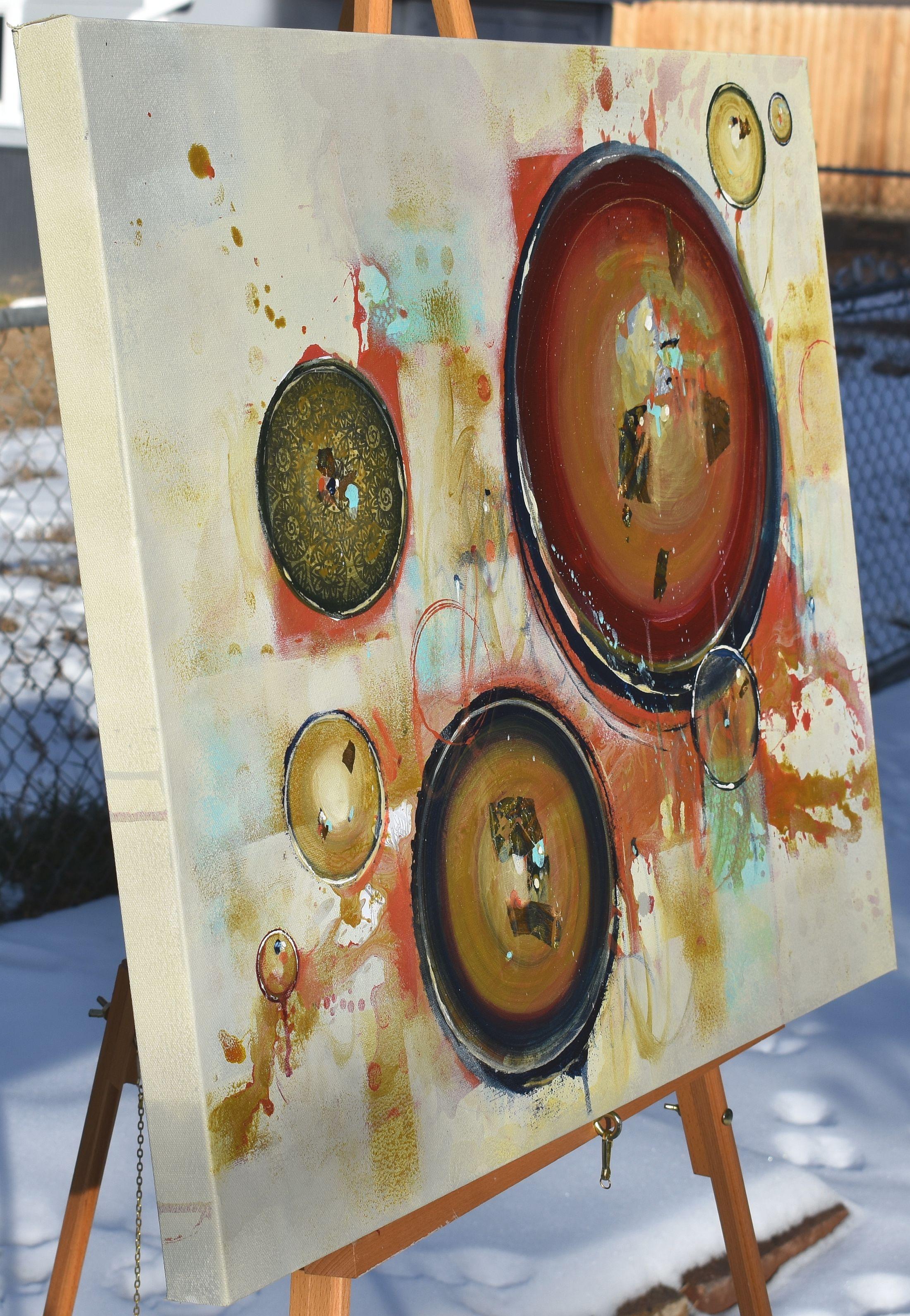 <p>Artist Comments<br />Brown and gold circles with black outlines contrast against a splatter of colors in this abstract painting. Each ring symbolizes completeness and wholeness, representing an exploration of positive and negative forces. The