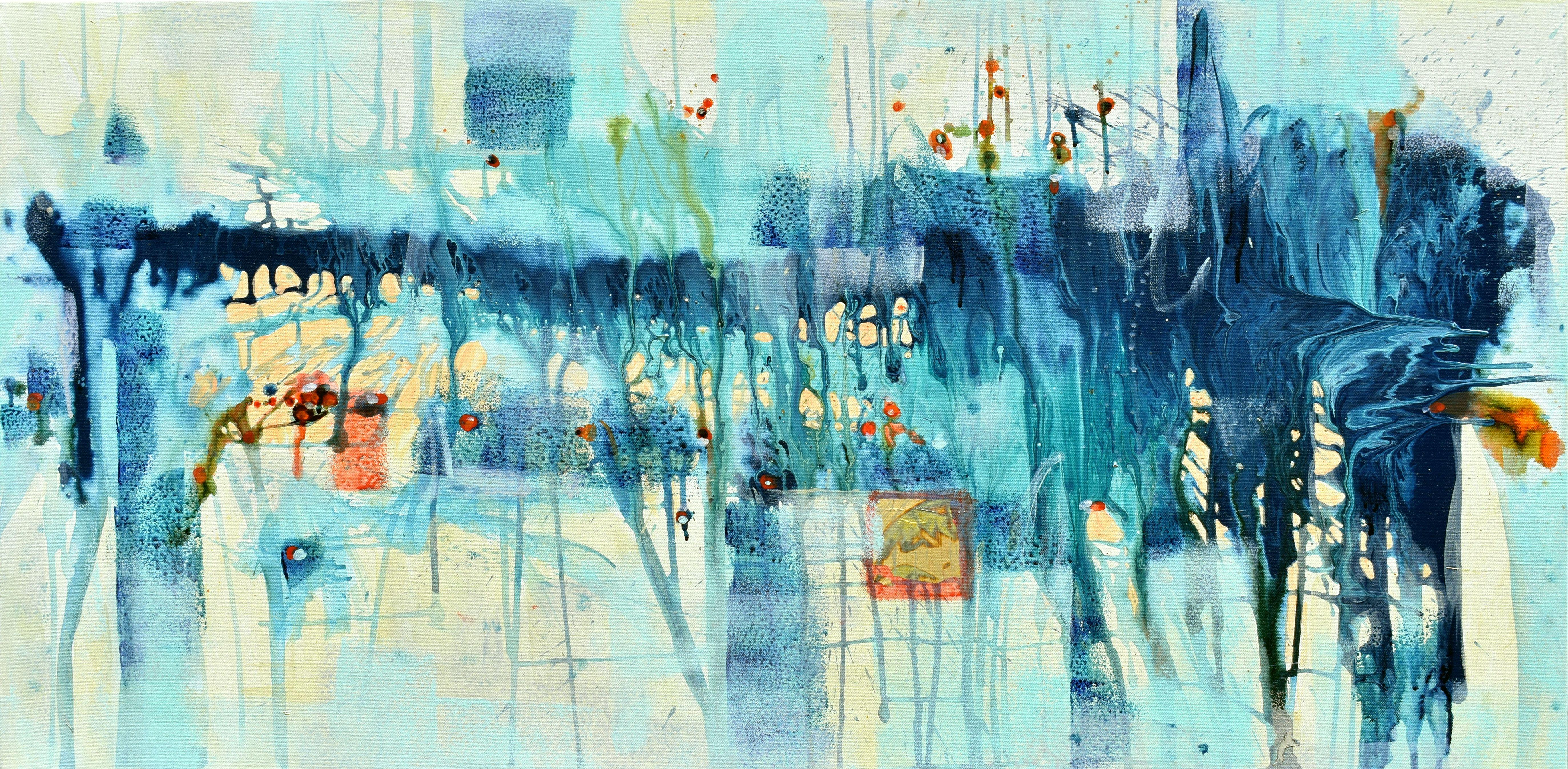 <p>Artist Comments<br>Varying blues and teals, accented with orange geometric shapes, evoke the expansive feeling of an open landscape. The piece illustrates transcending limitations or obstacles, conveying the dawning realization that nothing is