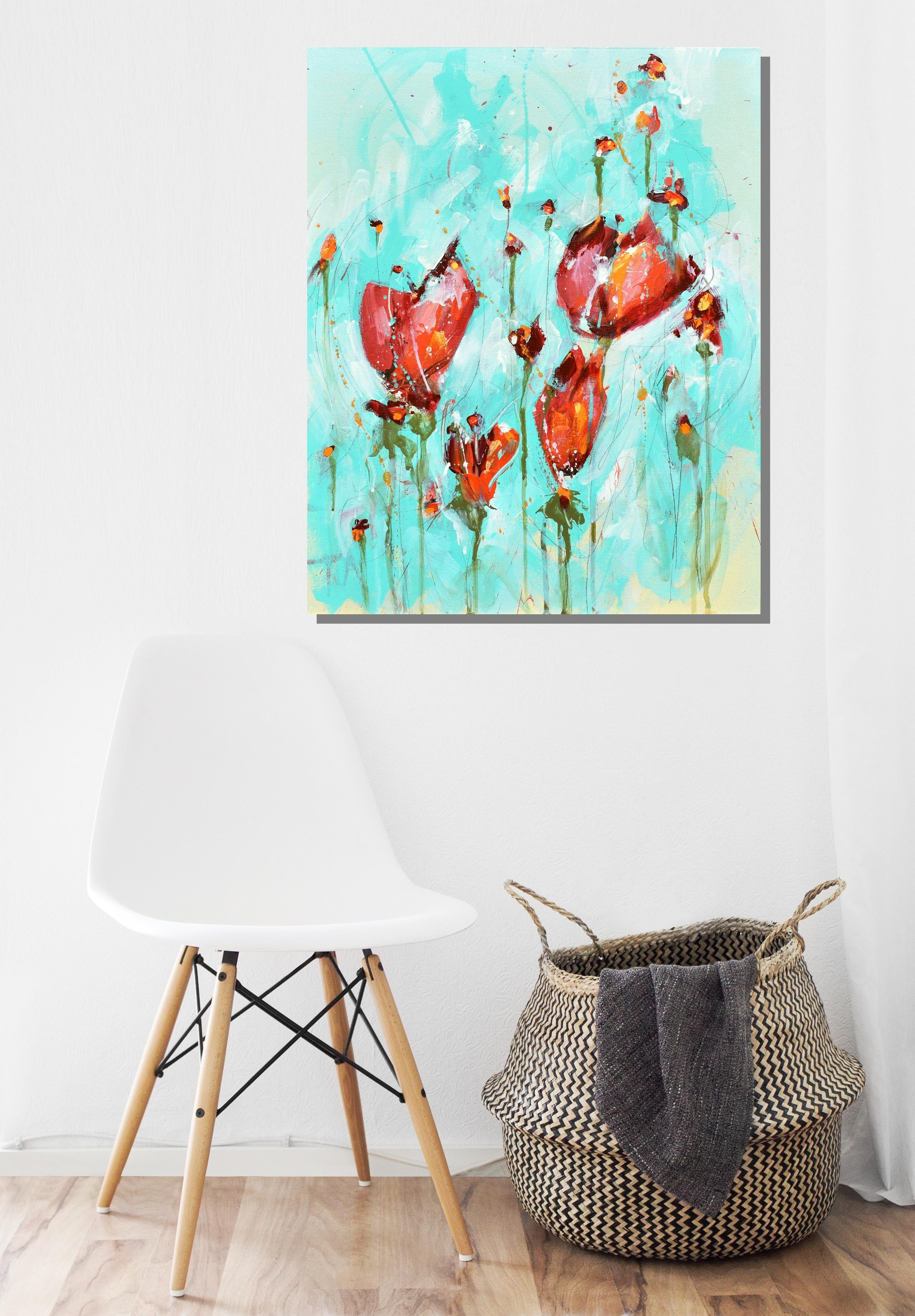 Symphony of the Tulips, Gemälde, Acryl auf MDF-Paneel (Blau), Abstract Painting, von Cynthia Ligeros