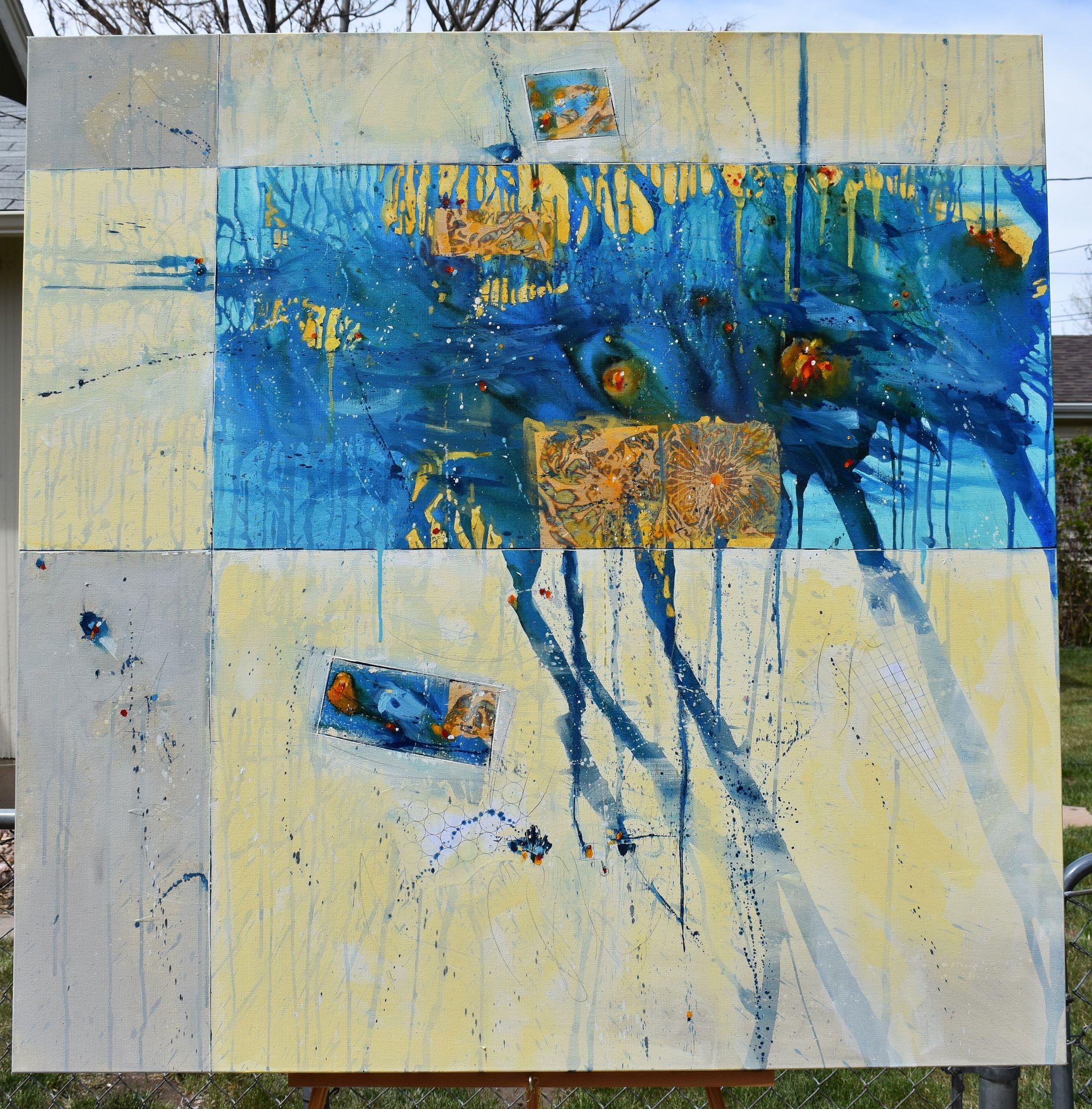 <p>Artist Comments<br>A modern abstract piece by artist Cynthia Ligeros with geometric accents in a vibrant combination of yellow and blue. 