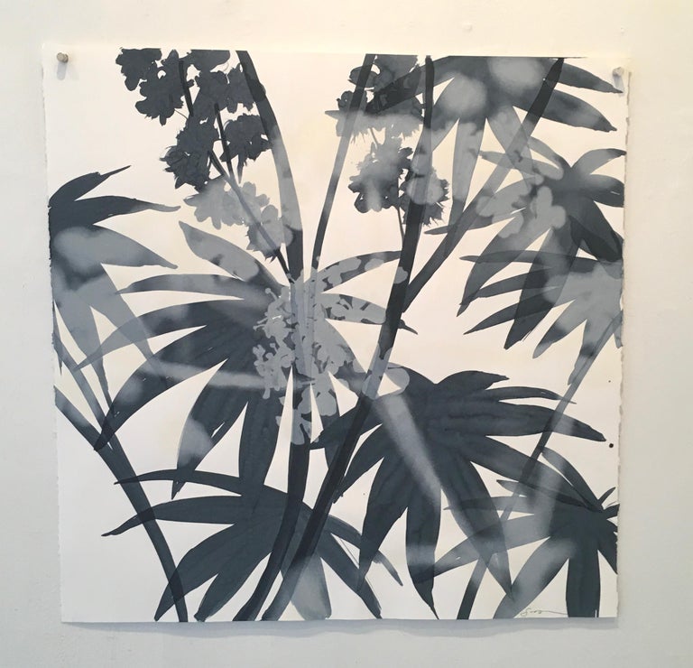 Cynthia MacCollum Landscape Painting - Castor Bean Blossoms, nature, monoprint, botanical, blue, white, unframed