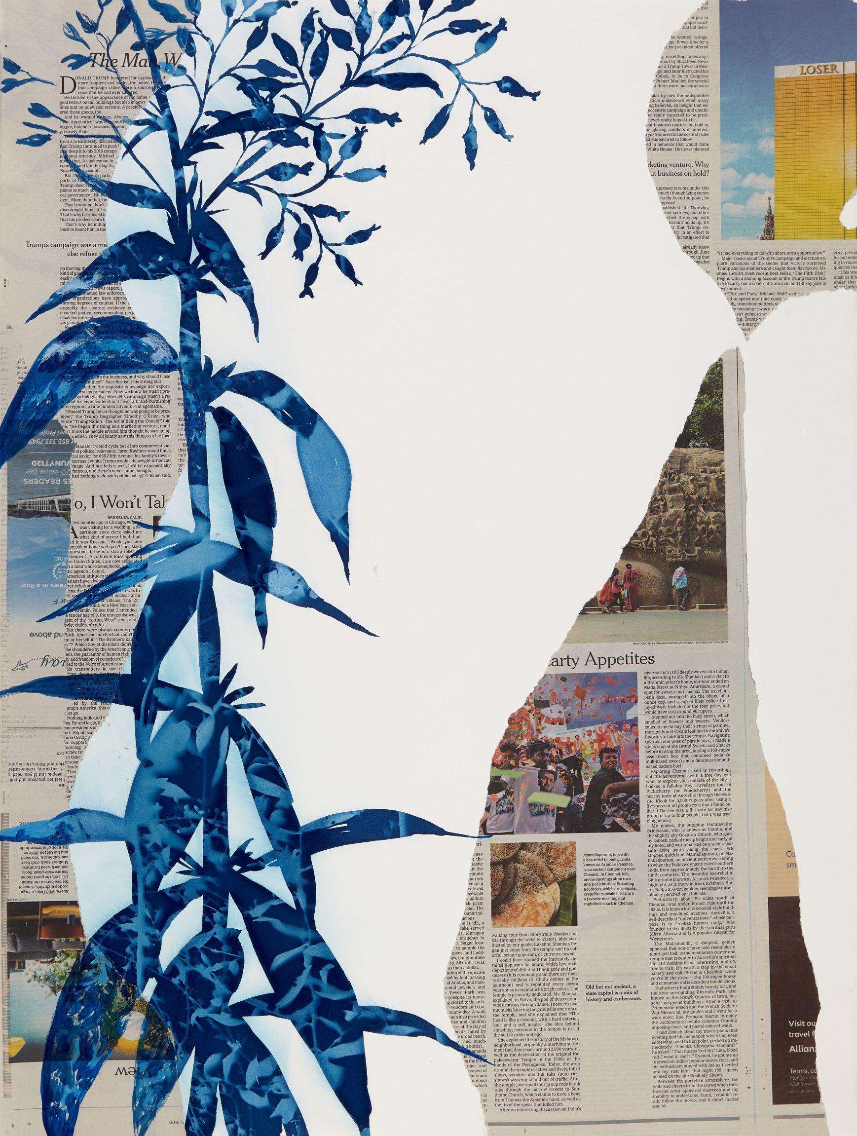 Loser, botanisch, geblümt, Natur, Cyanotyp, New York Times, Arbeit auf Papier, Zeitung – Mixed Media Art von Cynthia MacCollum