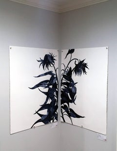 Stance, Rinsed Print Monotype, Botanical work on paper, Dark Blue, One of a kind