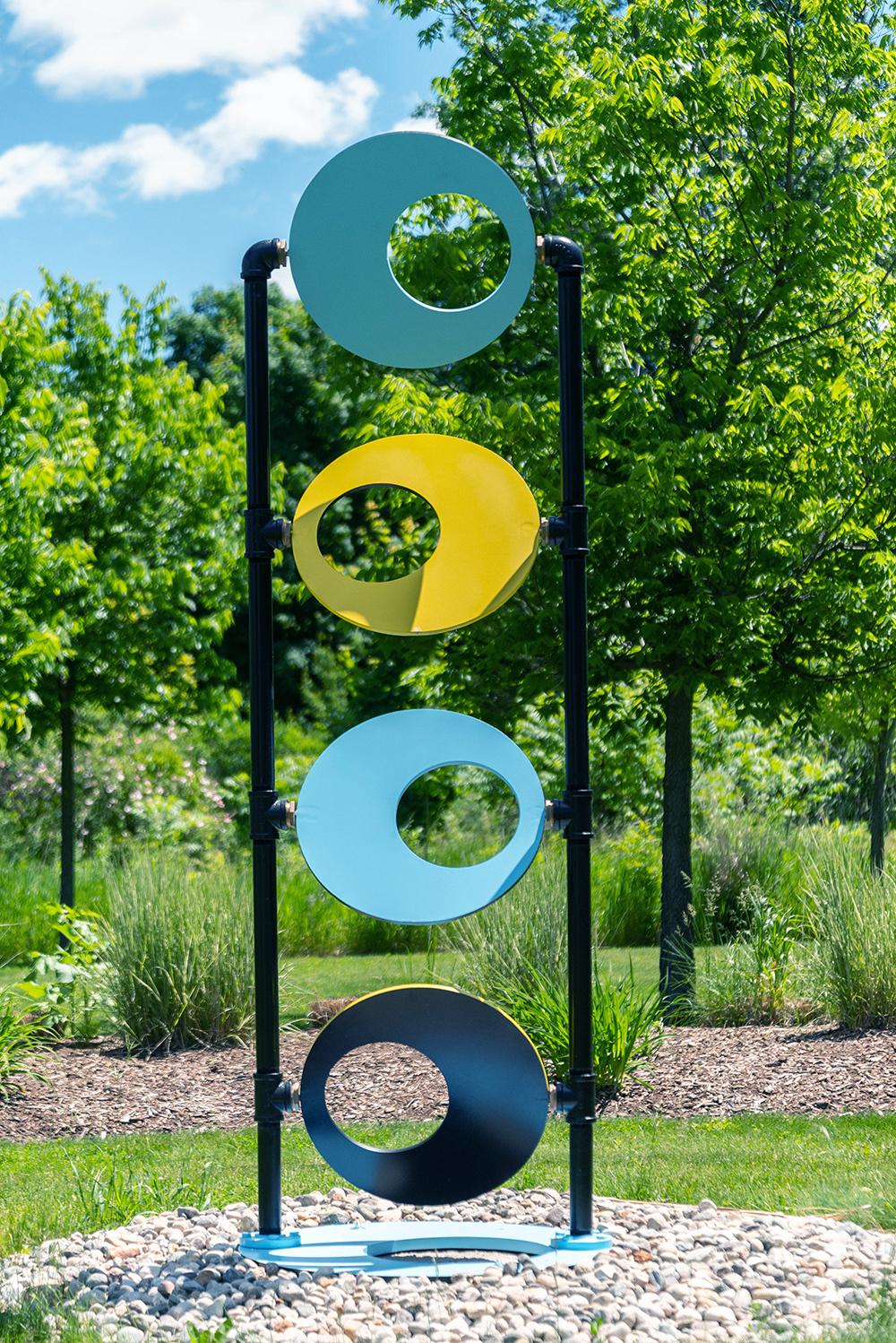 Discus - tall, interactive, geometric abstract, painted steel, brass, sculpture - Sculpture by Cynthia McQuillan