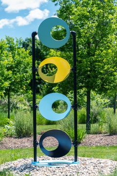 Discus - tall, interactive, geometric abstract, painted steel, brass, sculpture