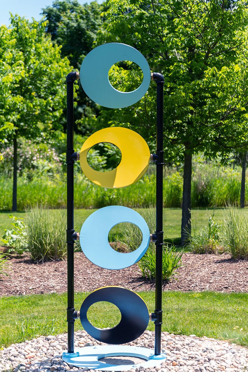 Cynthia McQuillan Abstract Sculpture - Discus - tall, interactive, geometric abstract, painted steel, brass, sculpture