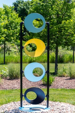 Discus - tall, interactive, geometric abstract, painted steel, brass, sculpture